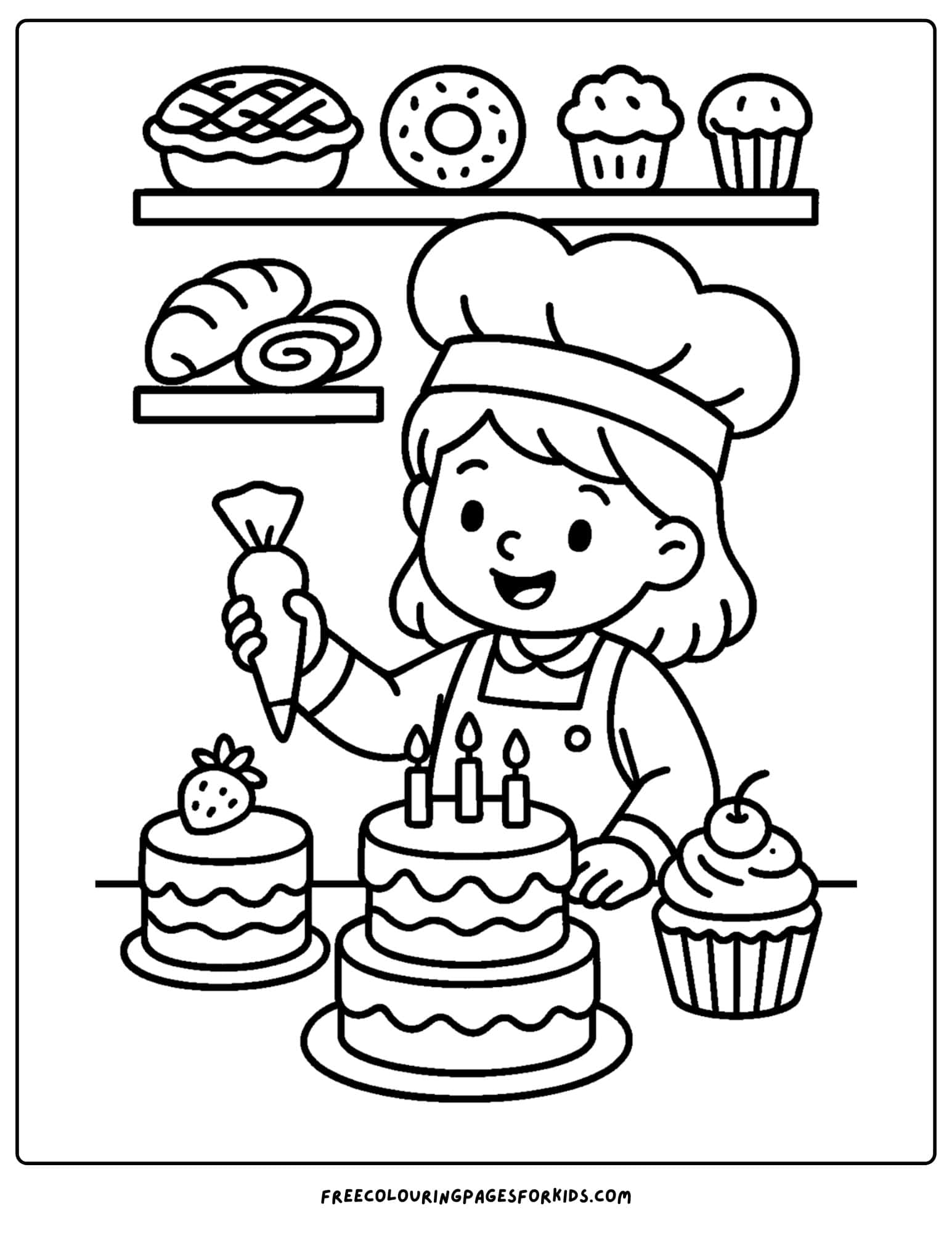 Bakery coloring page with a baker on the counter with cakes and pies