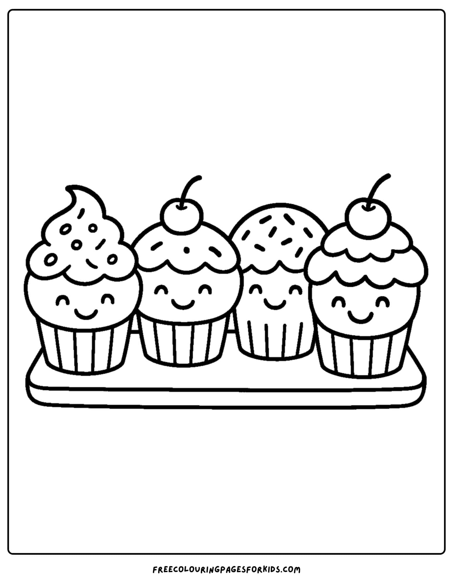 A bakery coloring page with kawaii smiling cupcakes