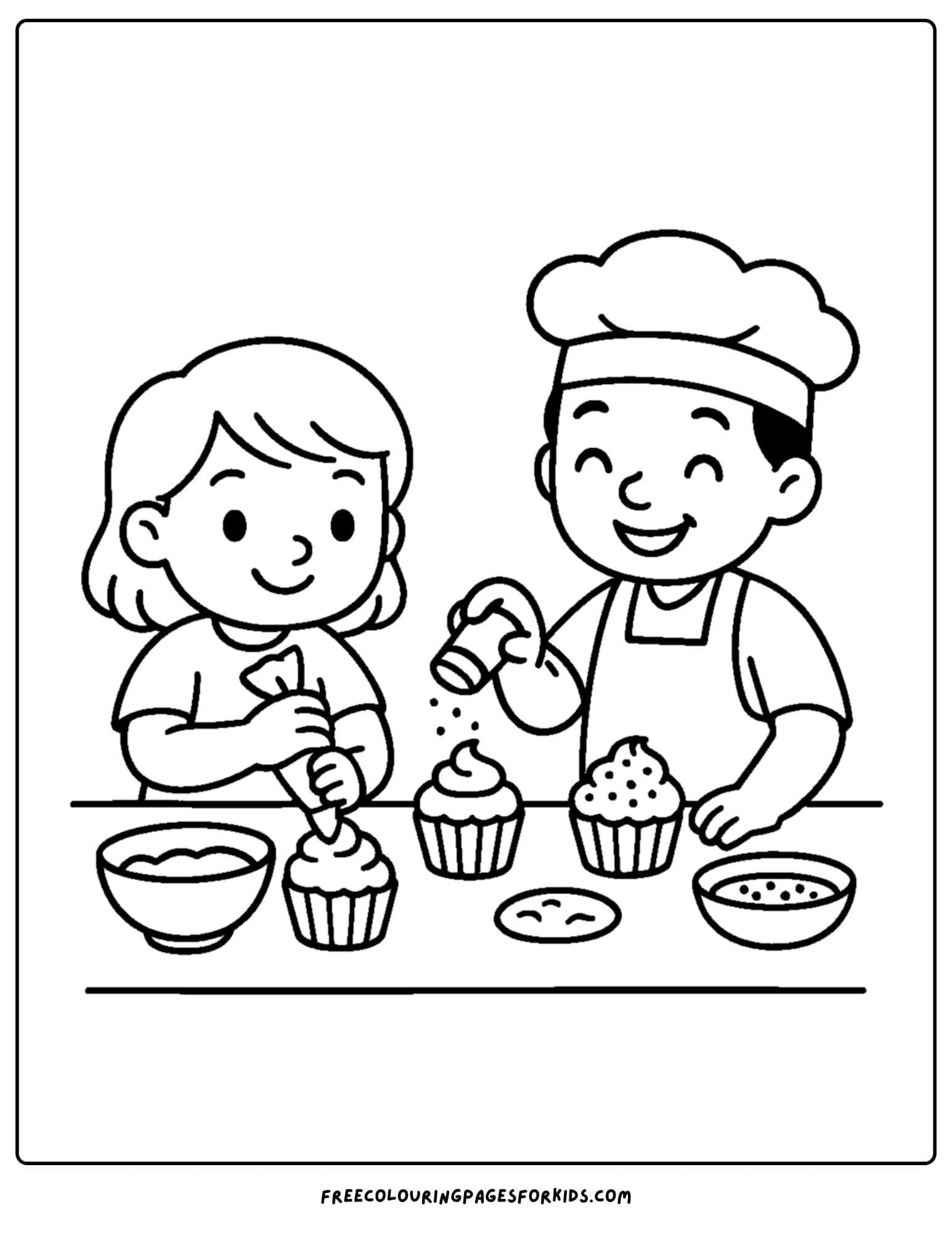 Bakery coloring page with baker decorating cupcakes with kids