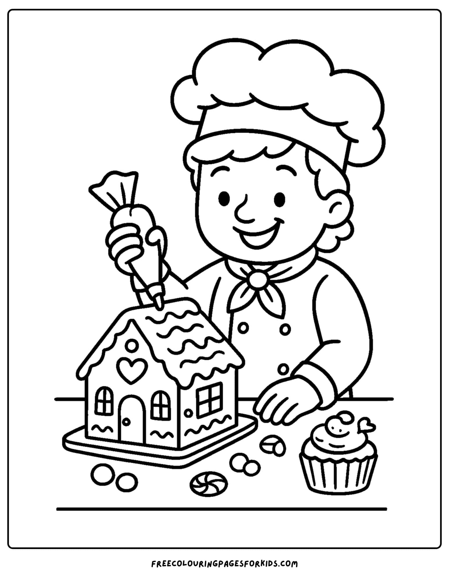Bakery coloring page with a baker decorating a gingerbread house