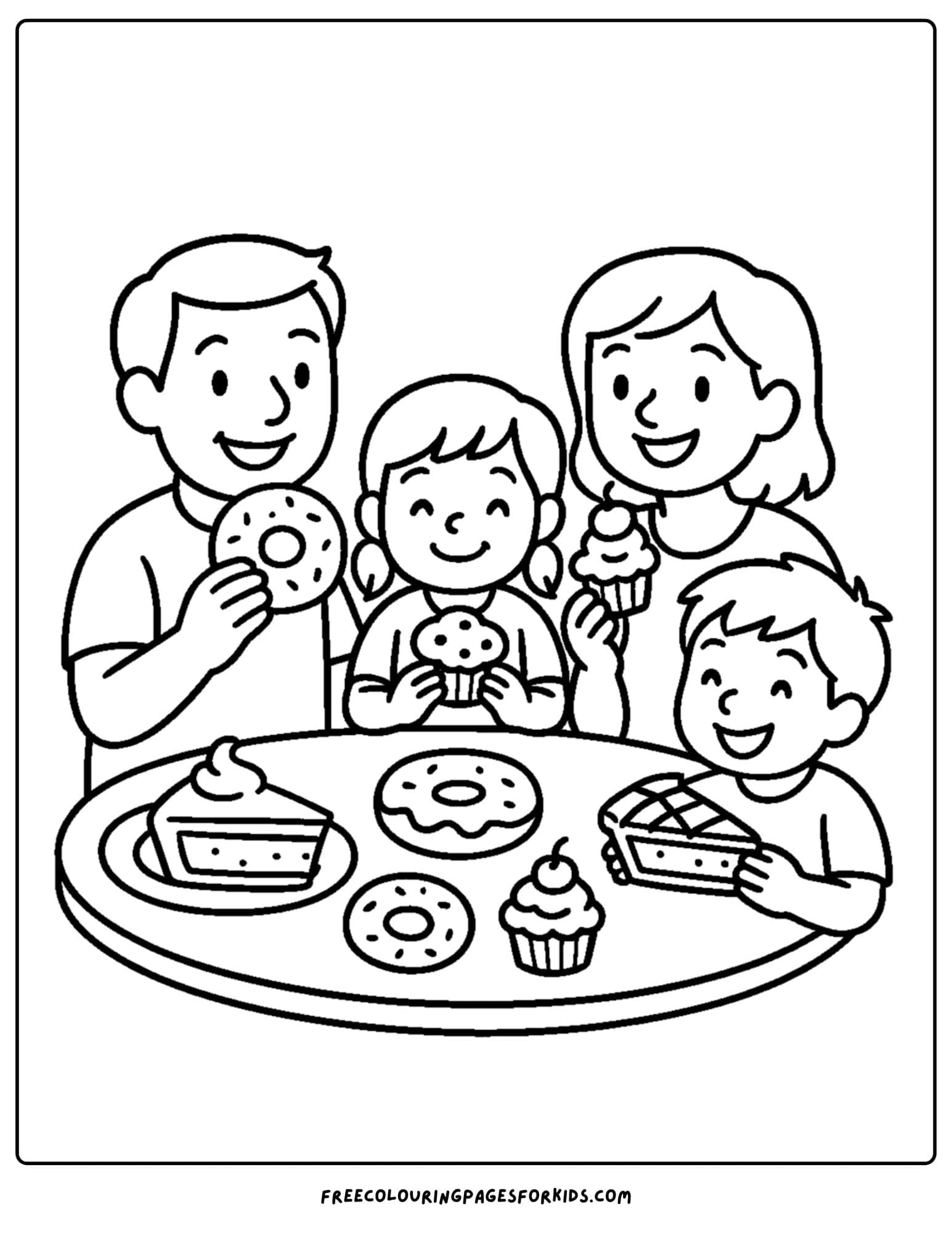 Bakery coloring page of family enjoying bakery treats