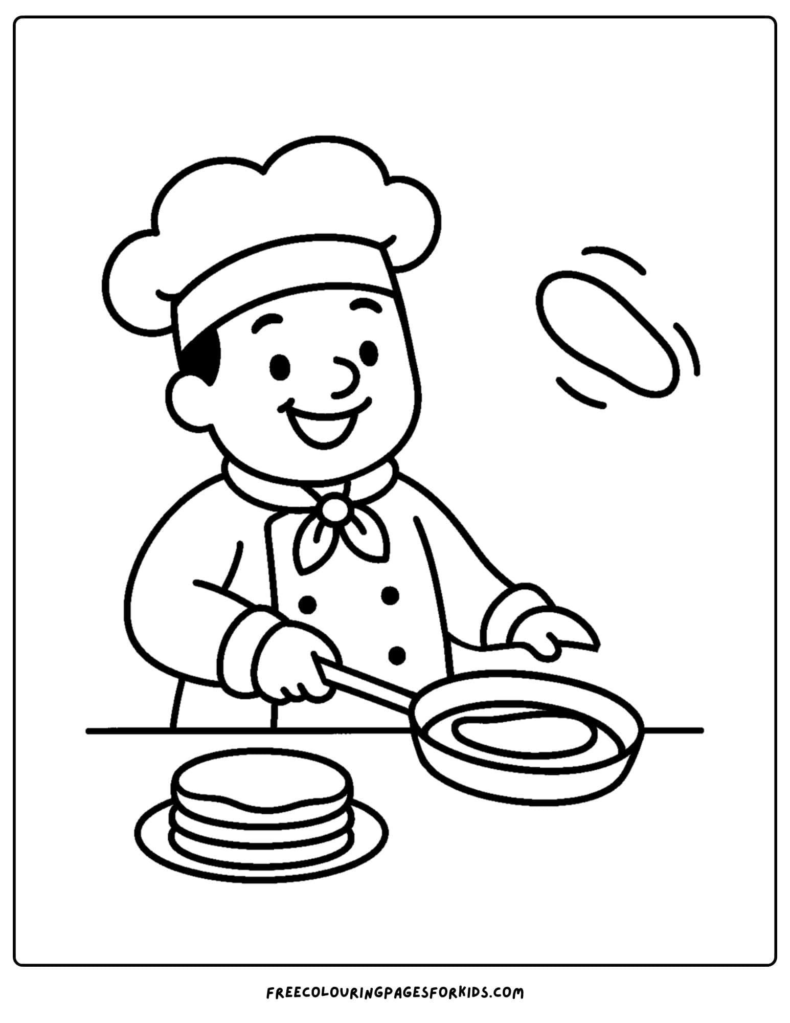 Bakery coloring page with baker flipping pancakes