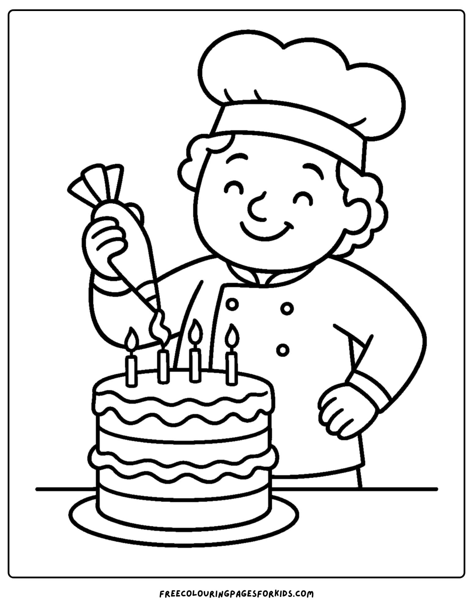 Bakery coloring page with baker spreading icing on birthday cake