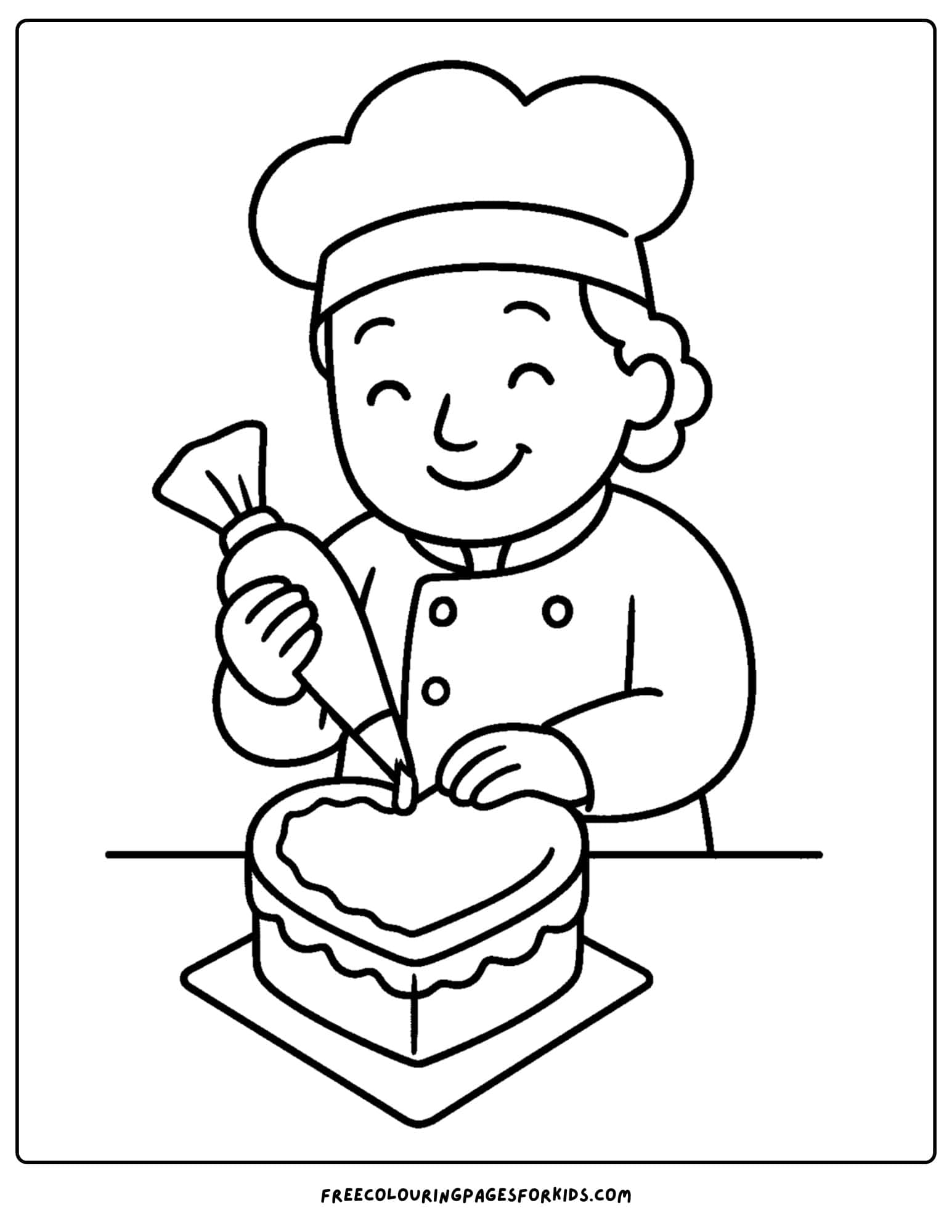 Bakery coloring page in which a baker is making a heart shaped cake