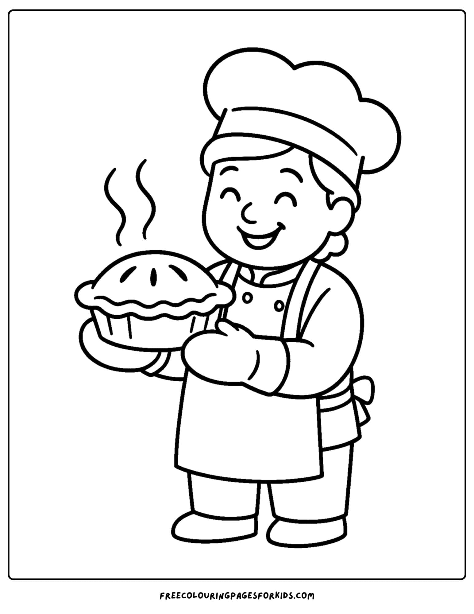 Bakery coloring page with baker holding hot pie in oven