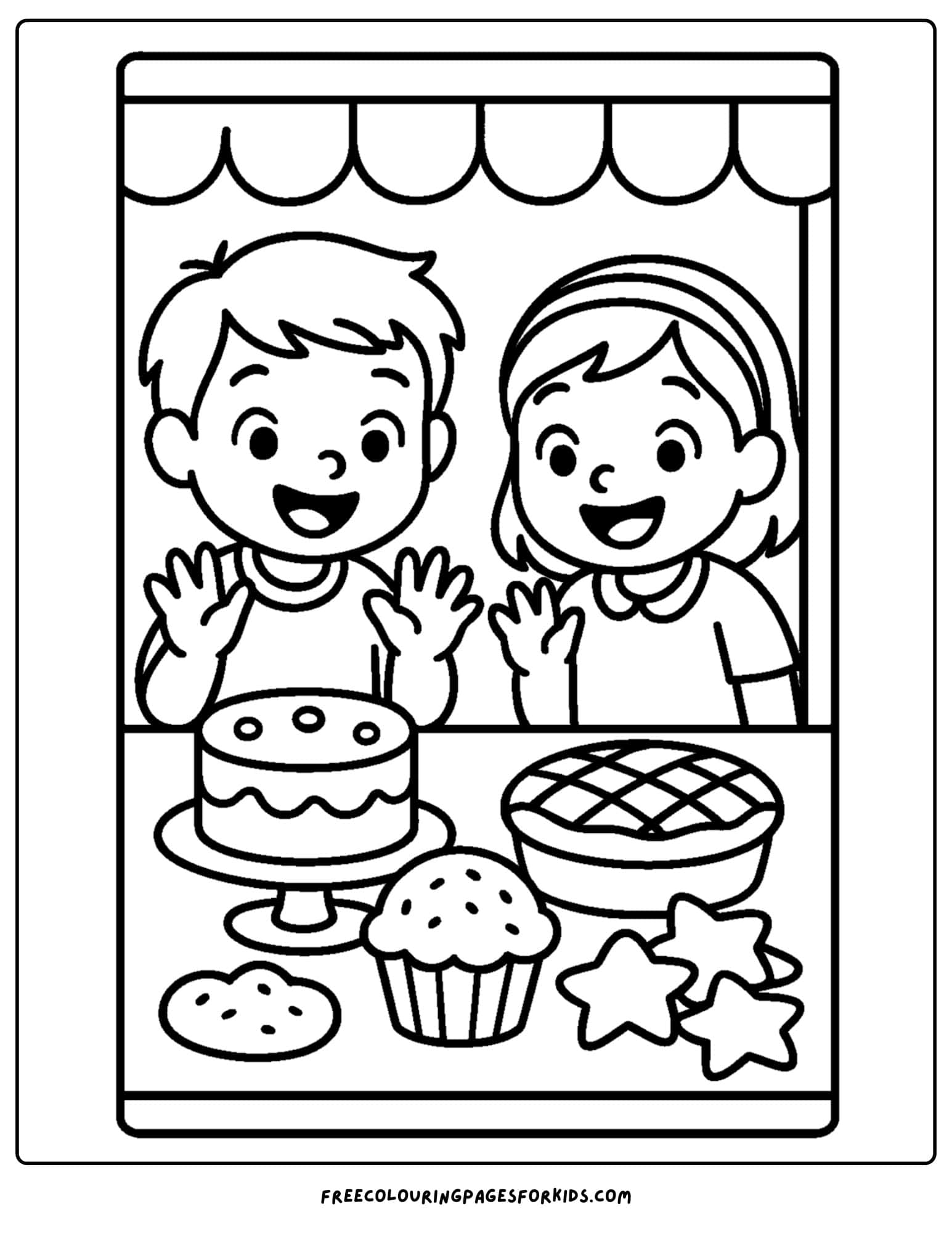 Bakery coloring page, kids looking at bakery window