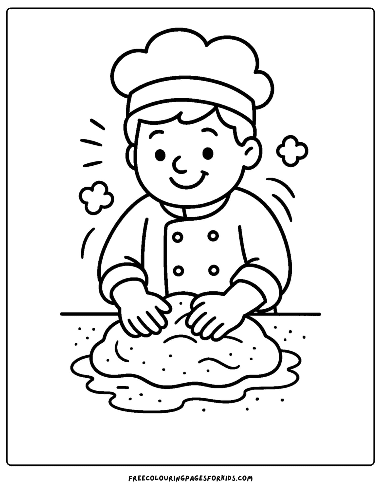Bakery coloring page featuring baker kneading dough