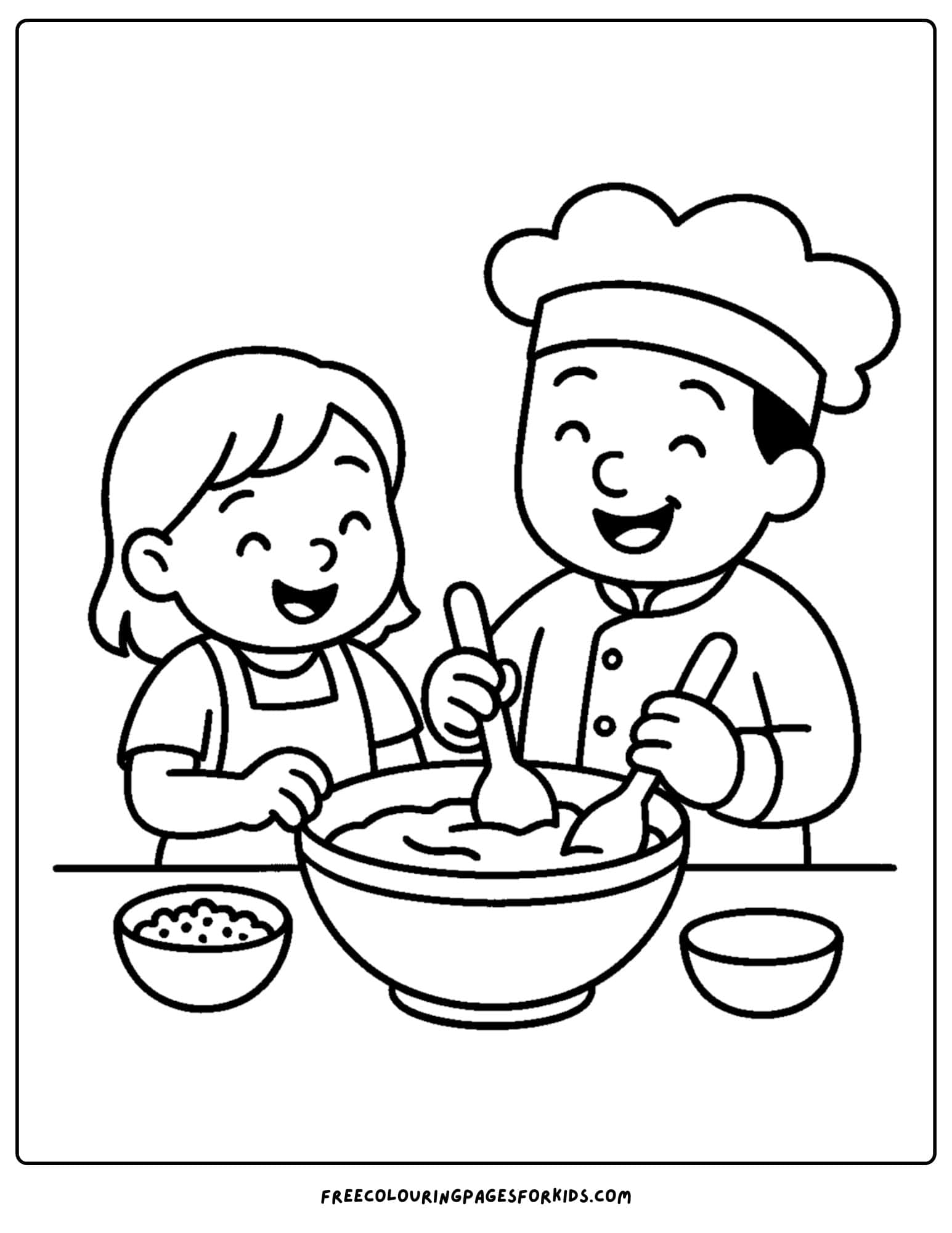 Bakery coloring page with baker and child mixing batter