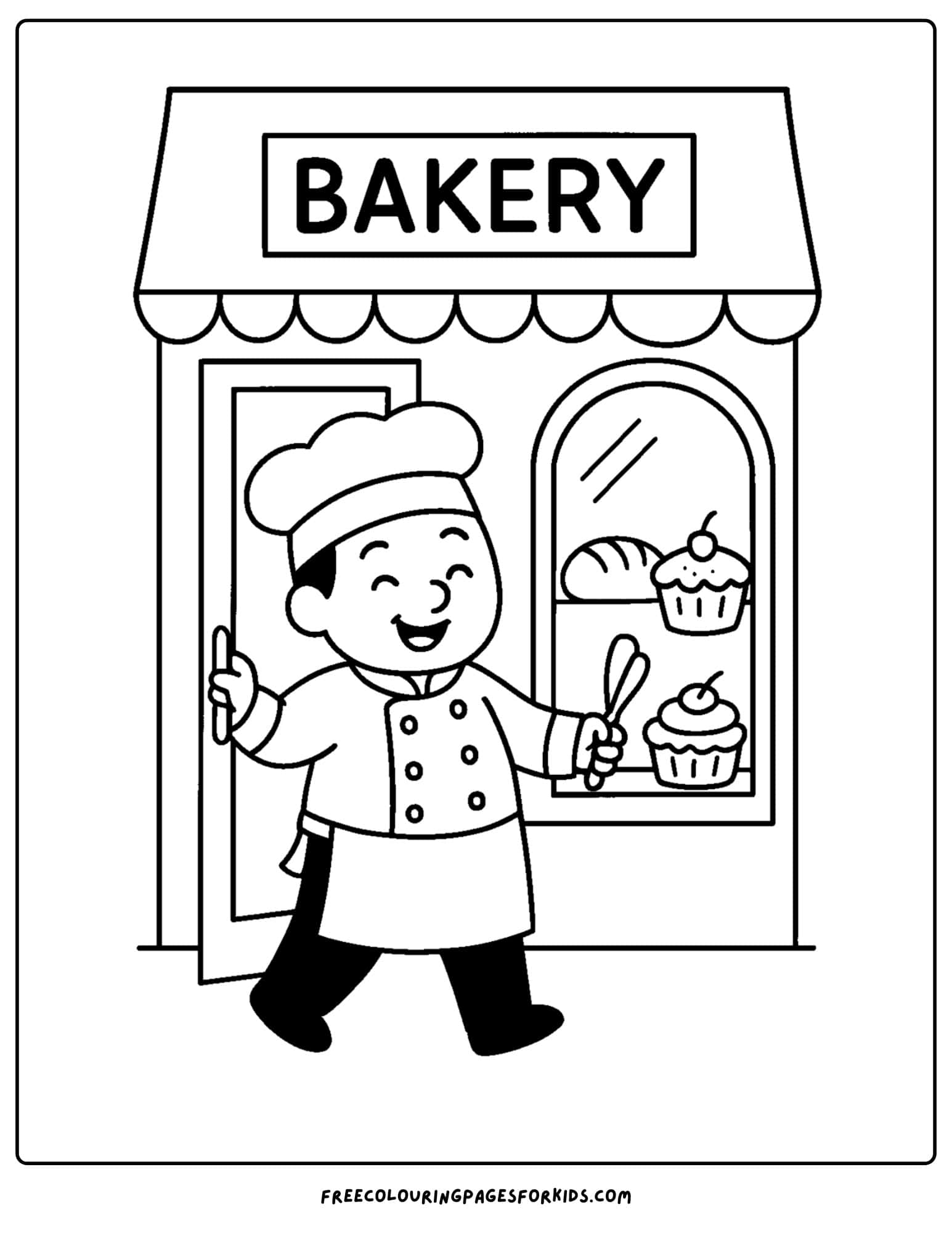Bakery coloring page featuring a baker opening his bakery