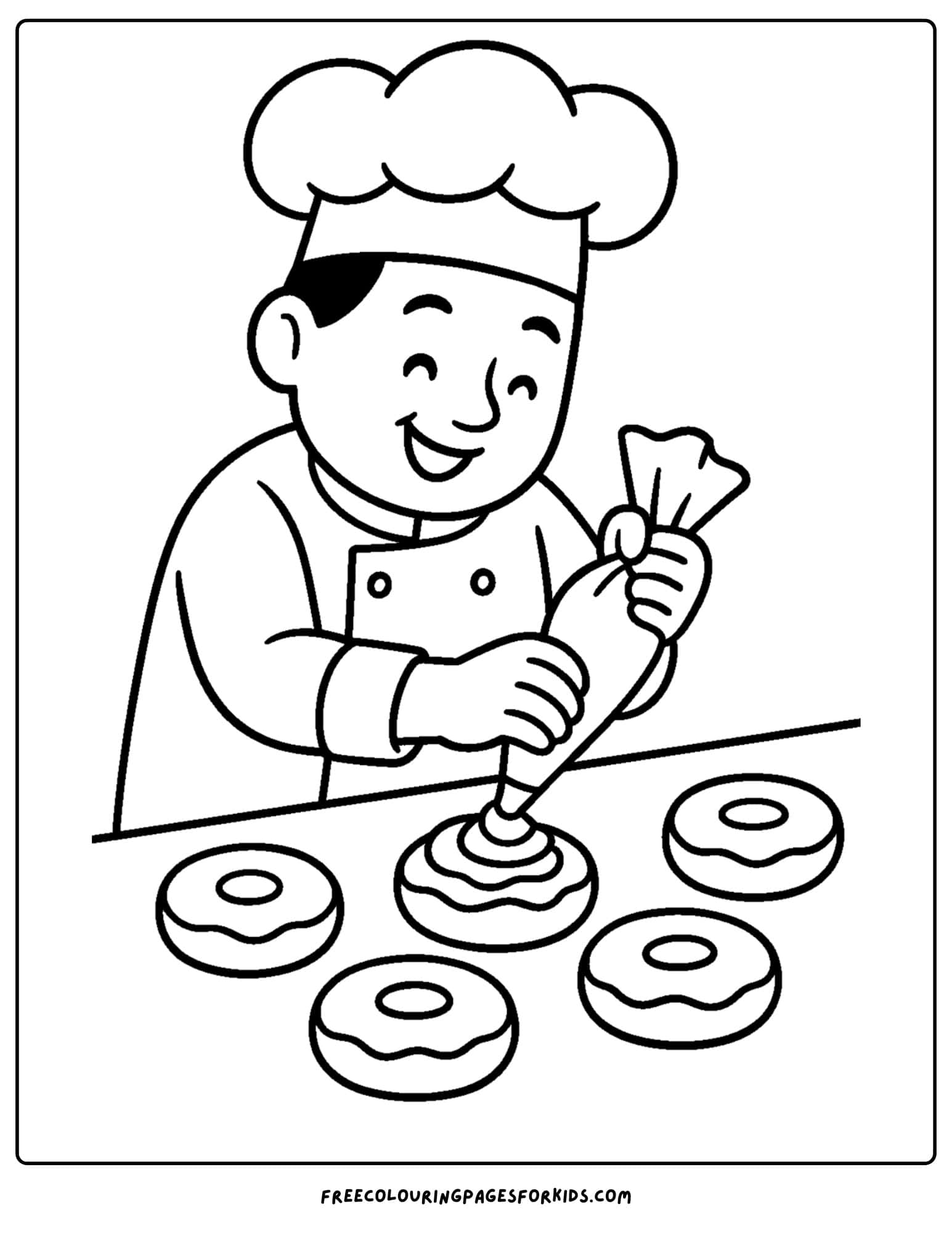 Bakery coloring page with baker spreading cream on donuts