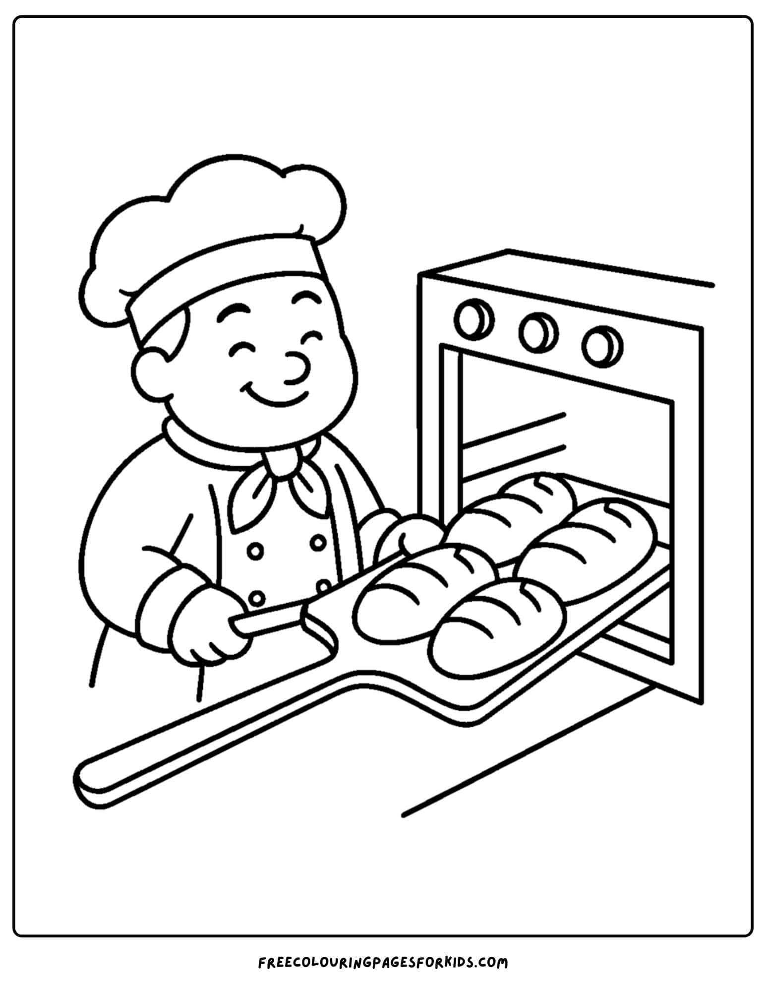 Bakery coloring page with baker taking bread out of oven