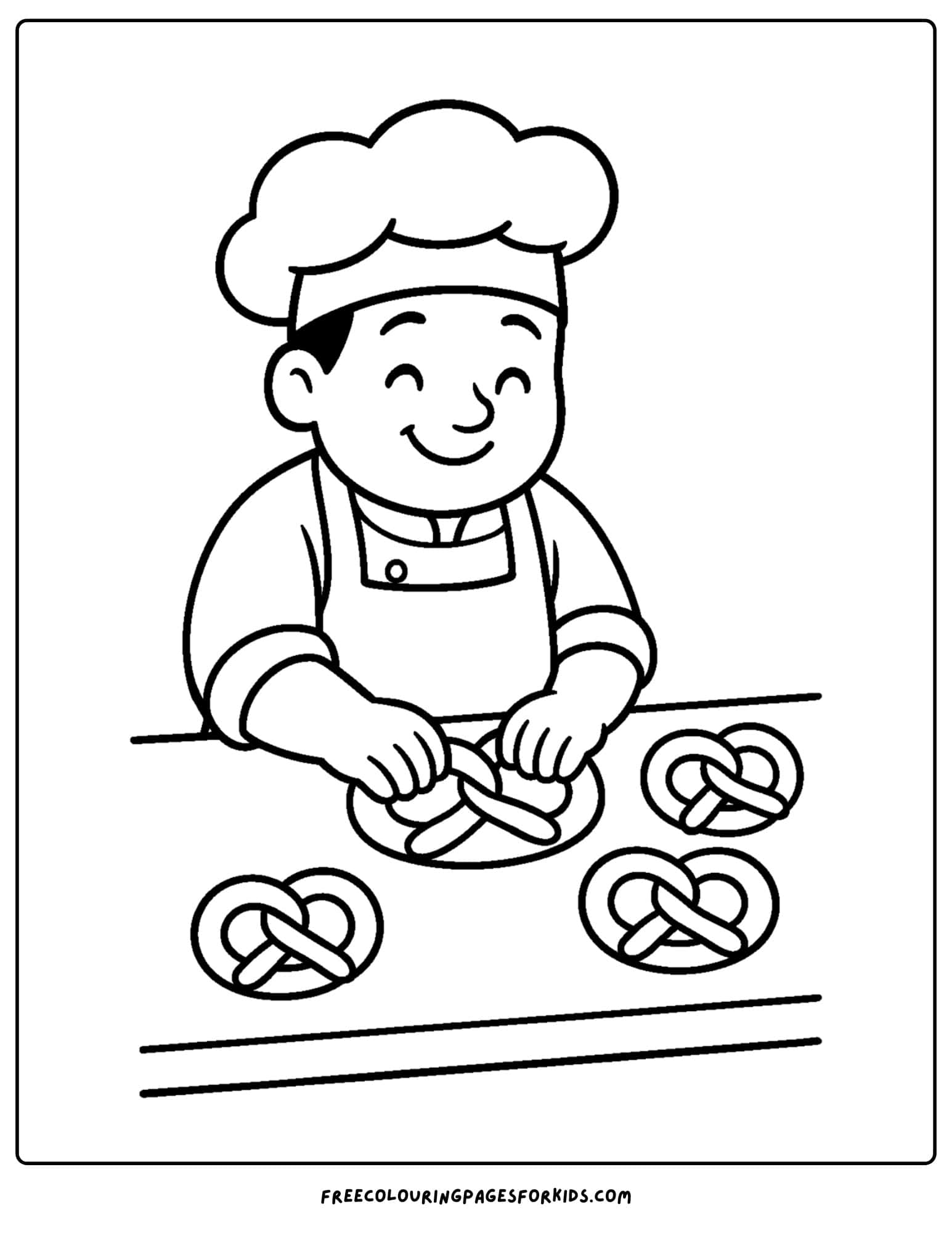 Bakery coloring page in which baker is making pretzels