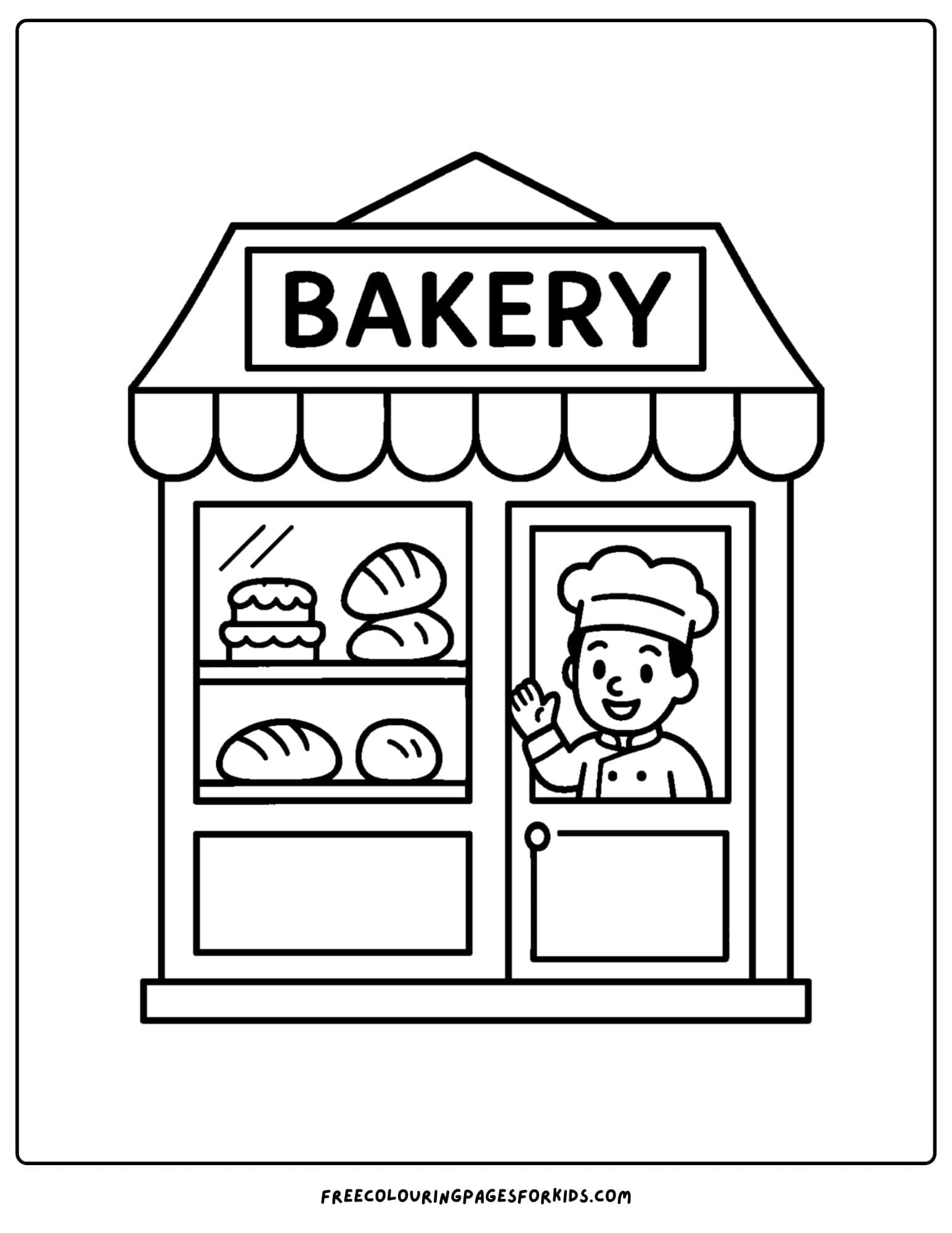 Bakery coloring page with a baker in the shop window