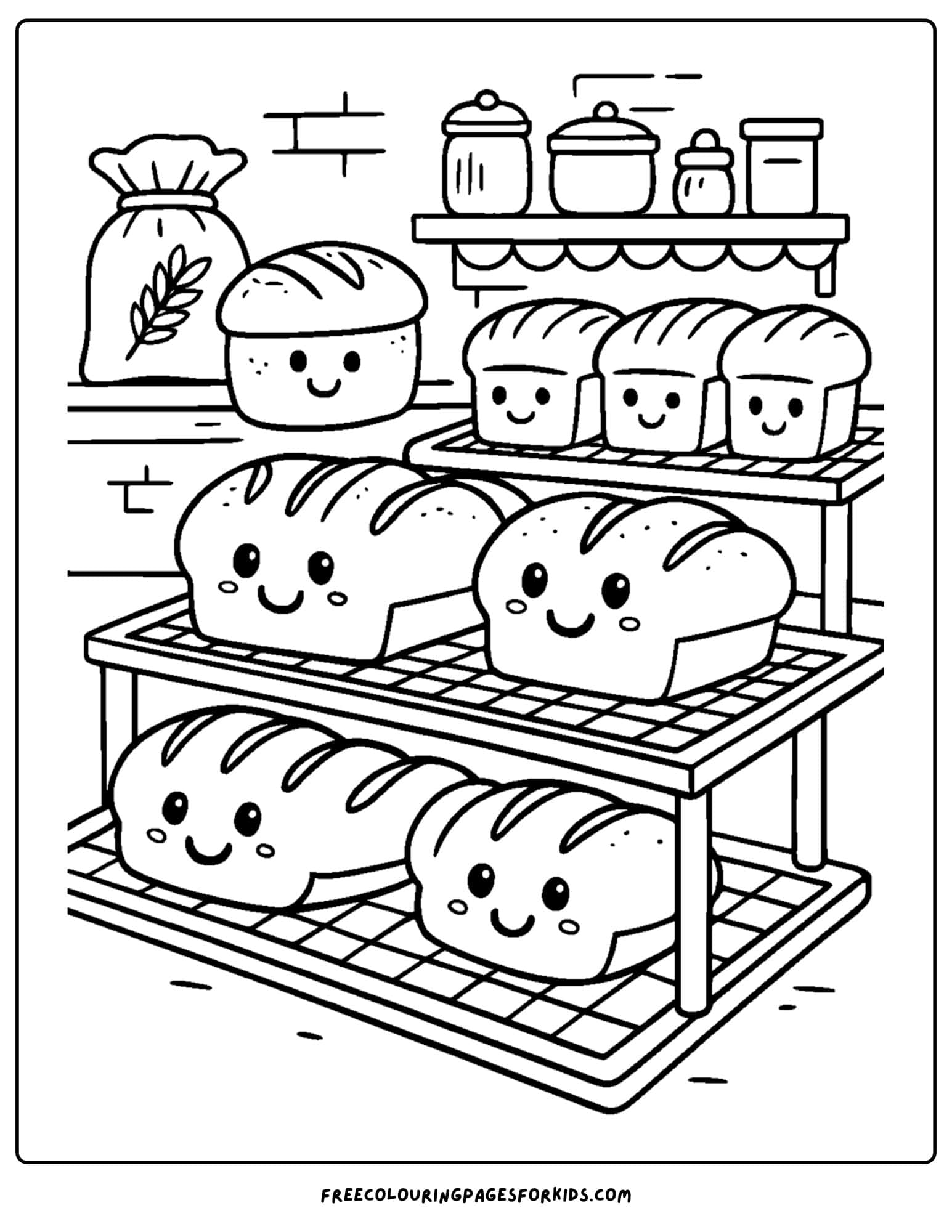 Bakery coloring page featuring bread cooling rack
