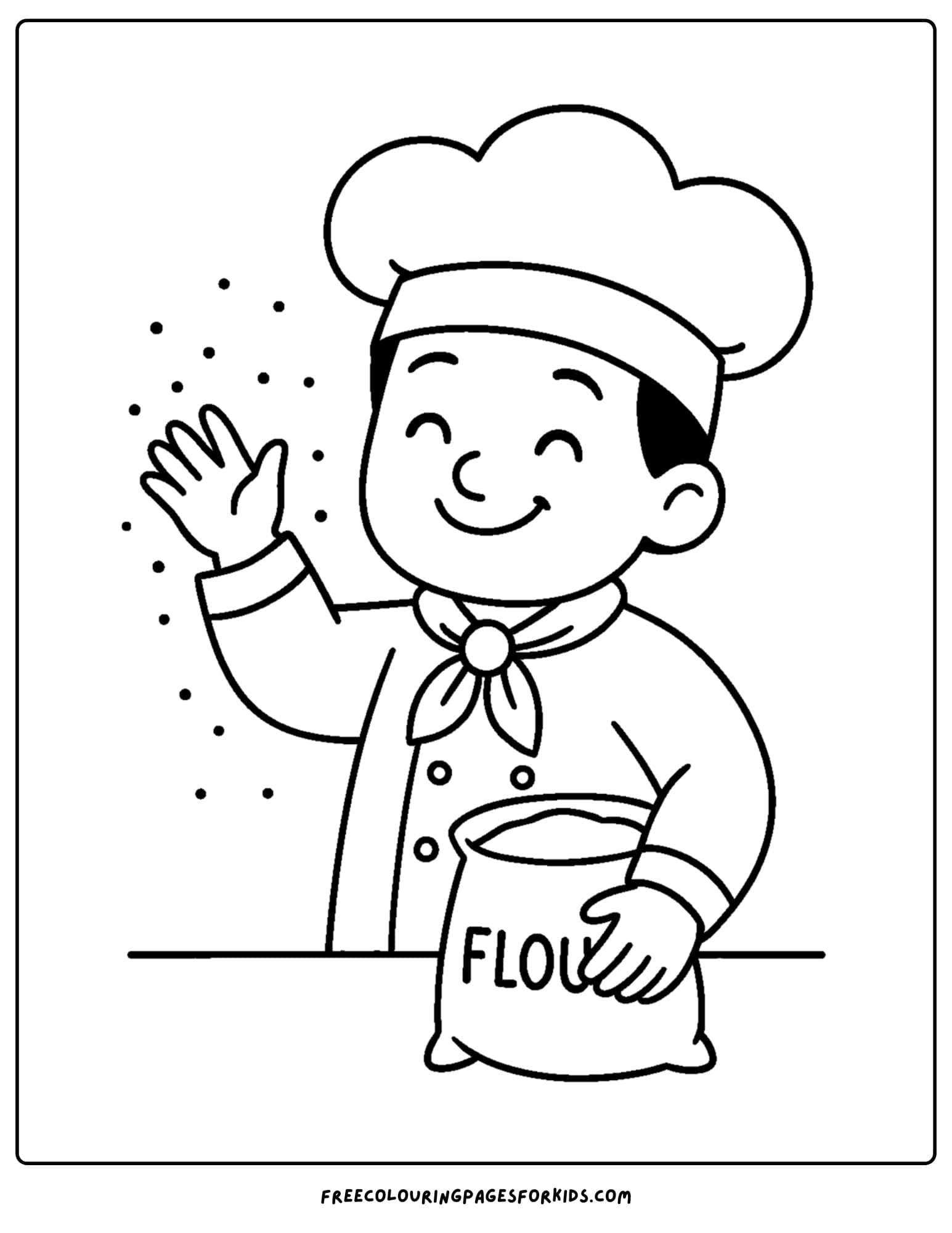 Bakery coloring page with baker spreading flour on bench