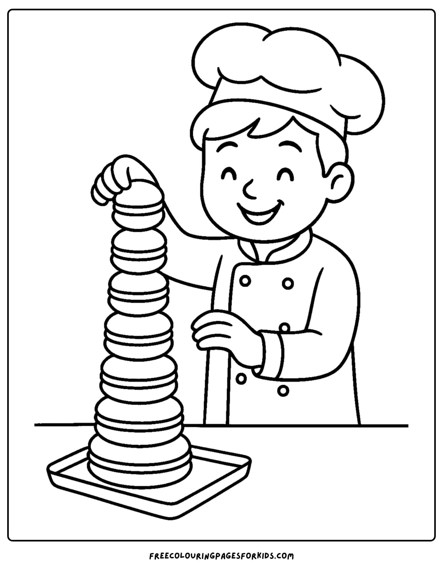 Bakery coloring page in which a baker is making a macaron tower