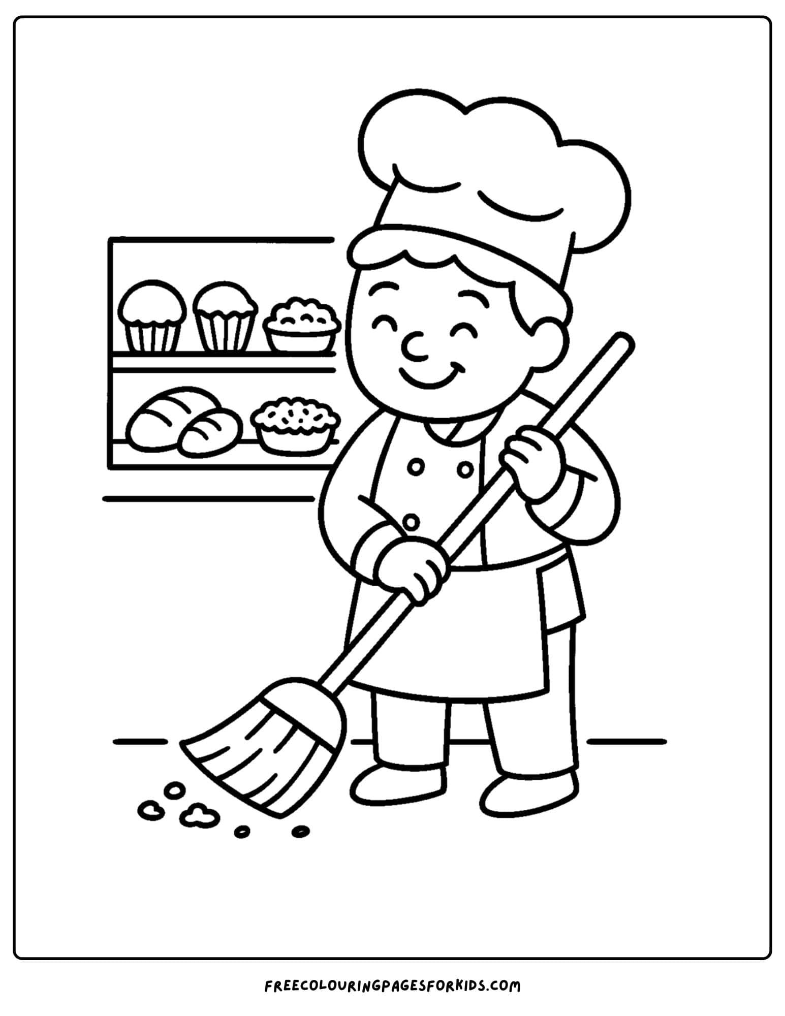 Bakery coloring page in which baker is cleaning crumbs from bakery