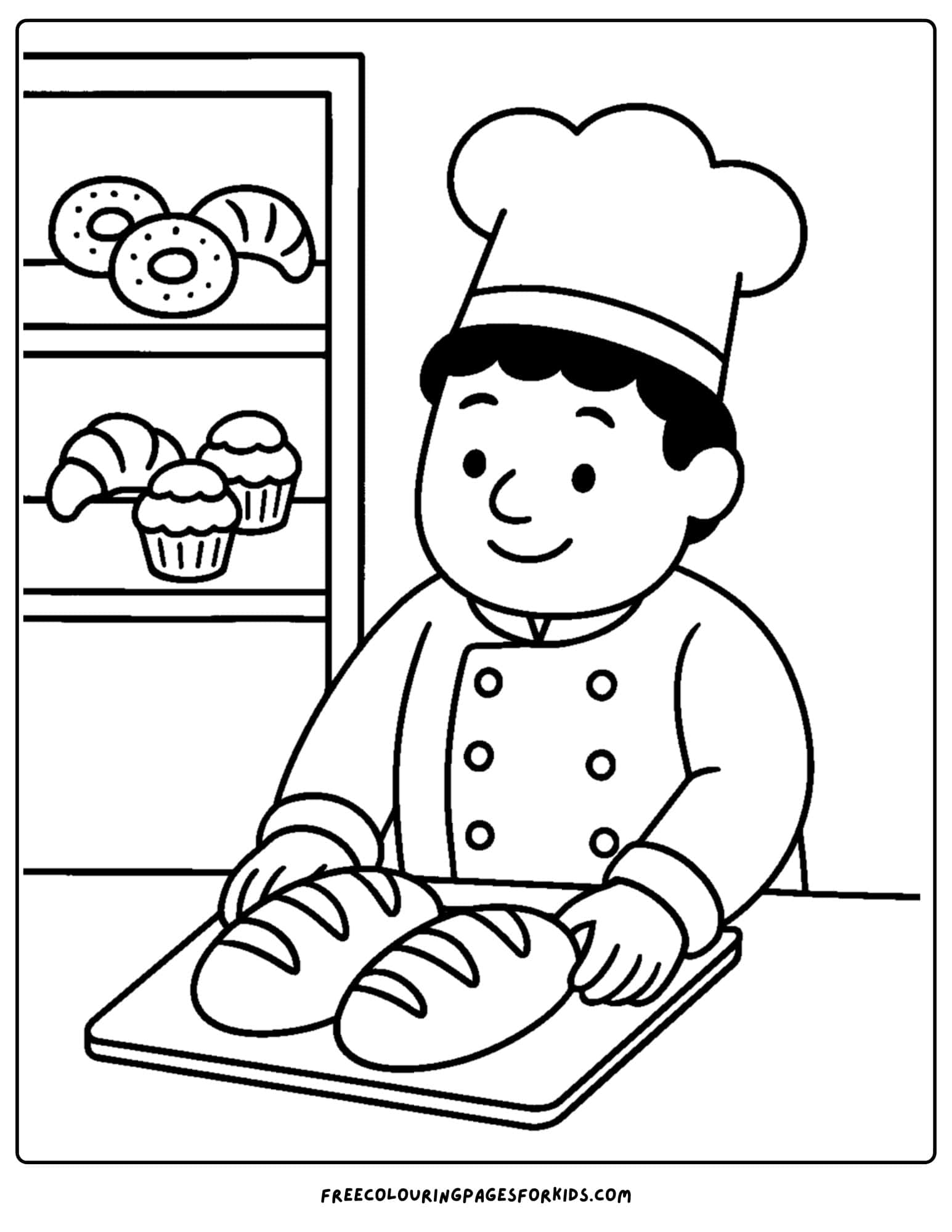 Bakery coloring page with a baker with two loaves of bread on a tray