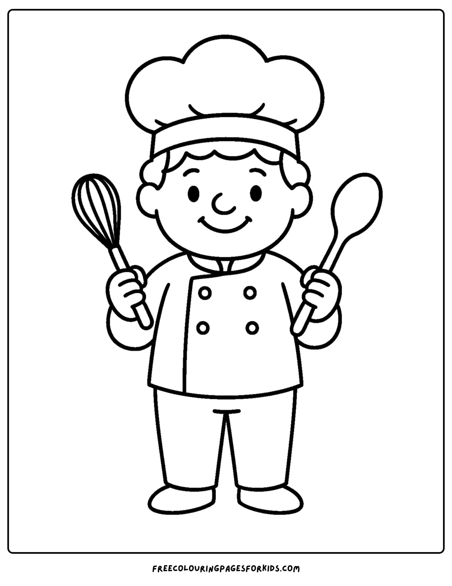Bakery coloring page with baker holding mixer and spoon
