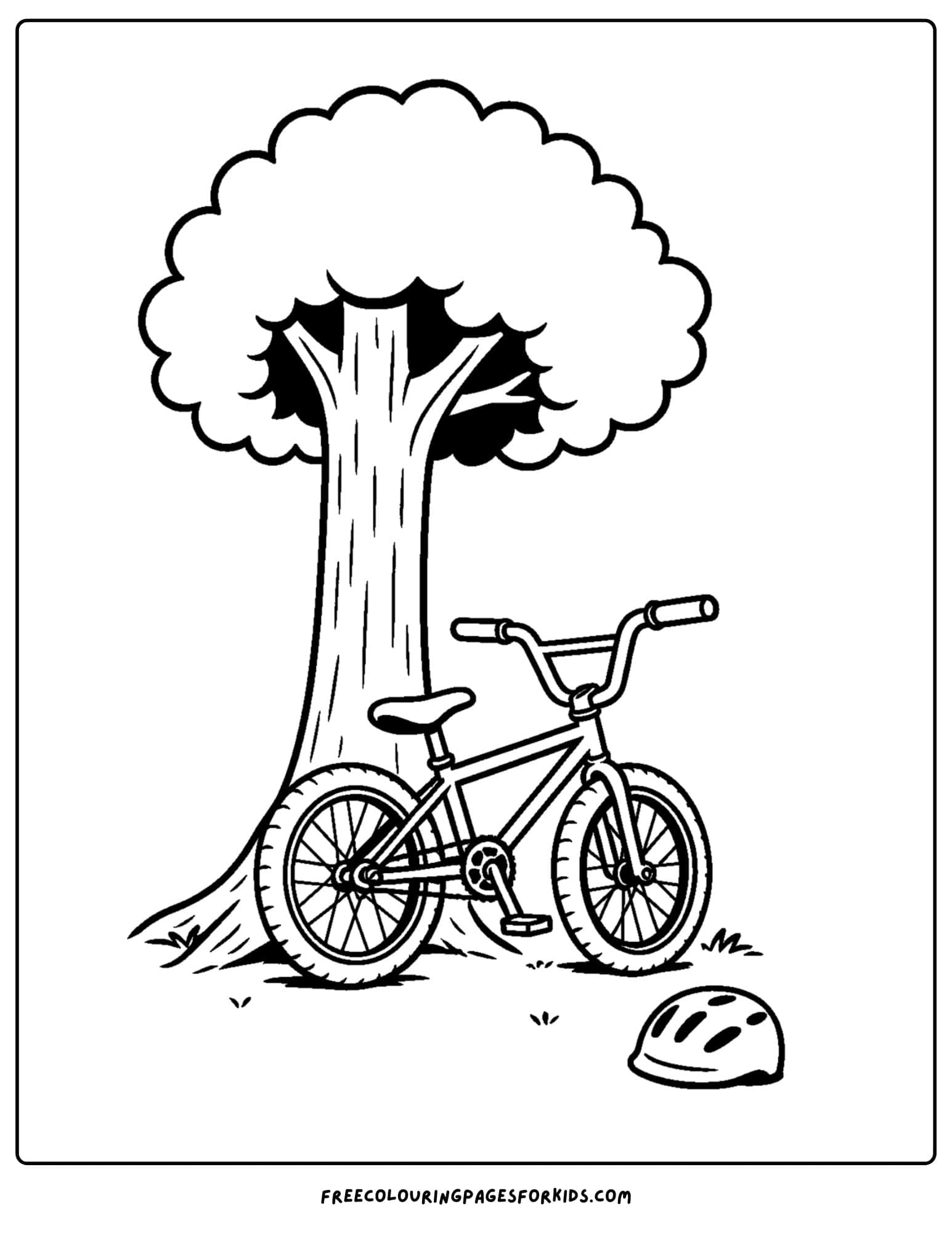 a bmx themed coloring page featuring a bike leaning against a tree