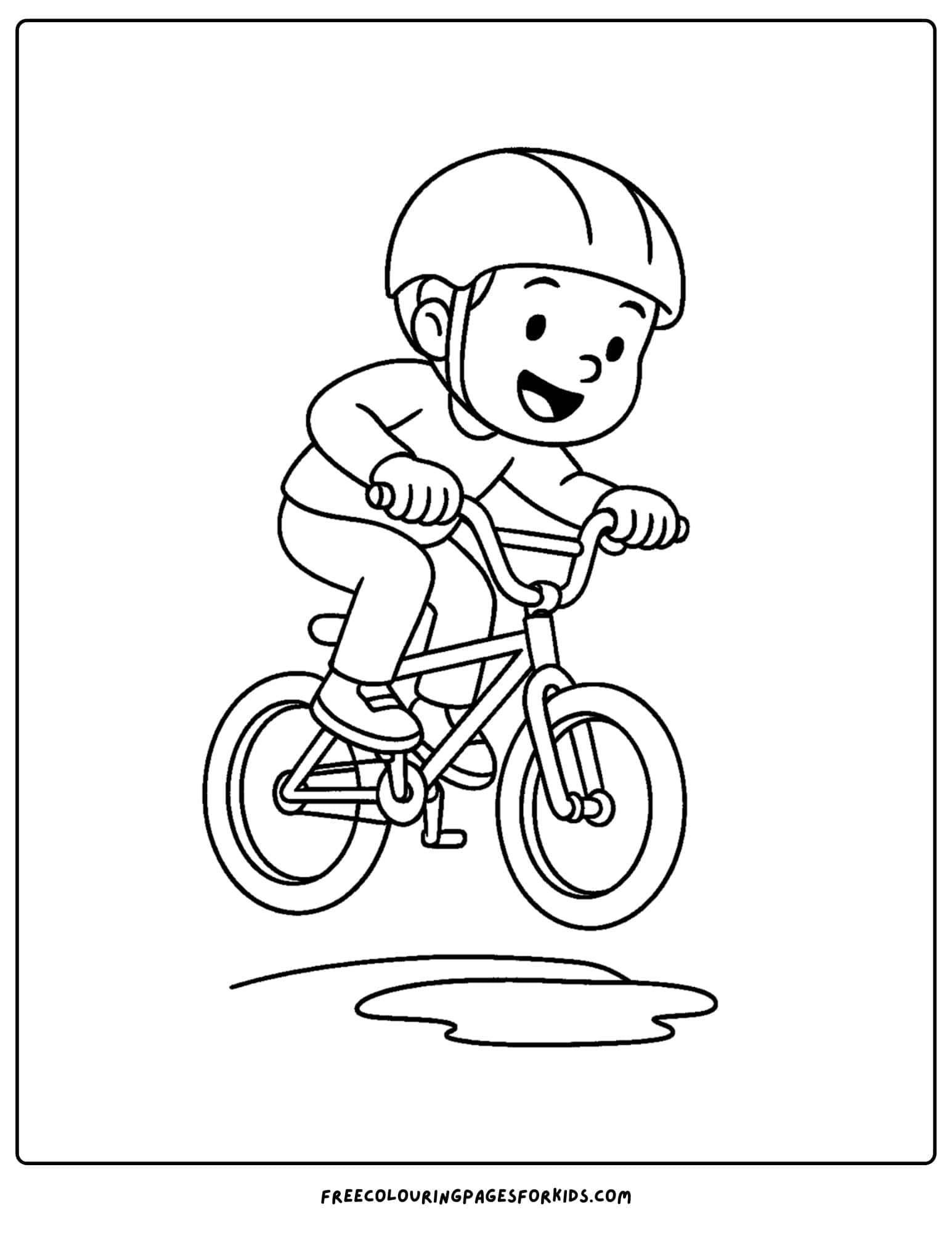 a bmx themed coloring page featuring a kid bunny hopping over a puddle