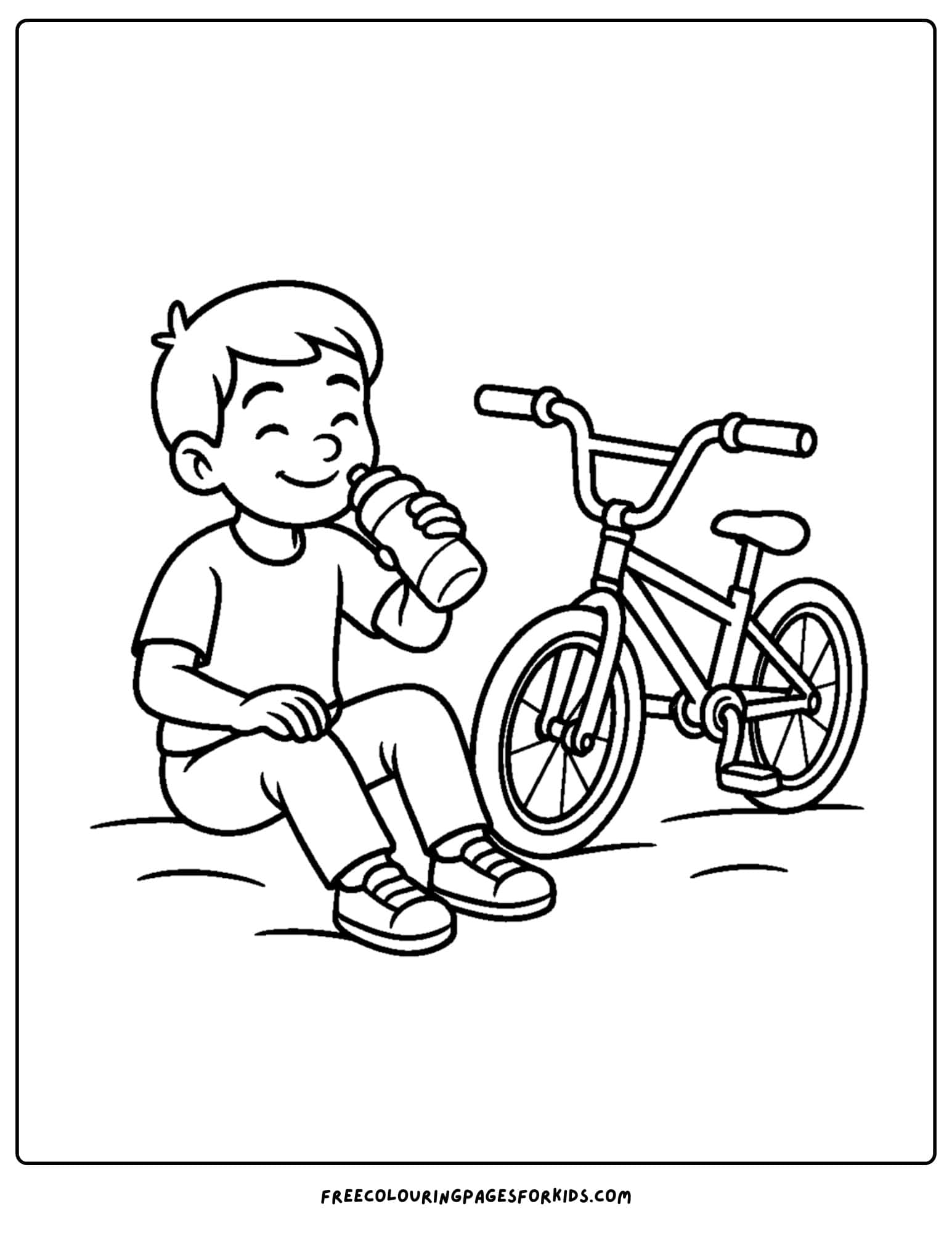 a bmx themed coloring page featuring a kid having a cold drink after riding their bike
