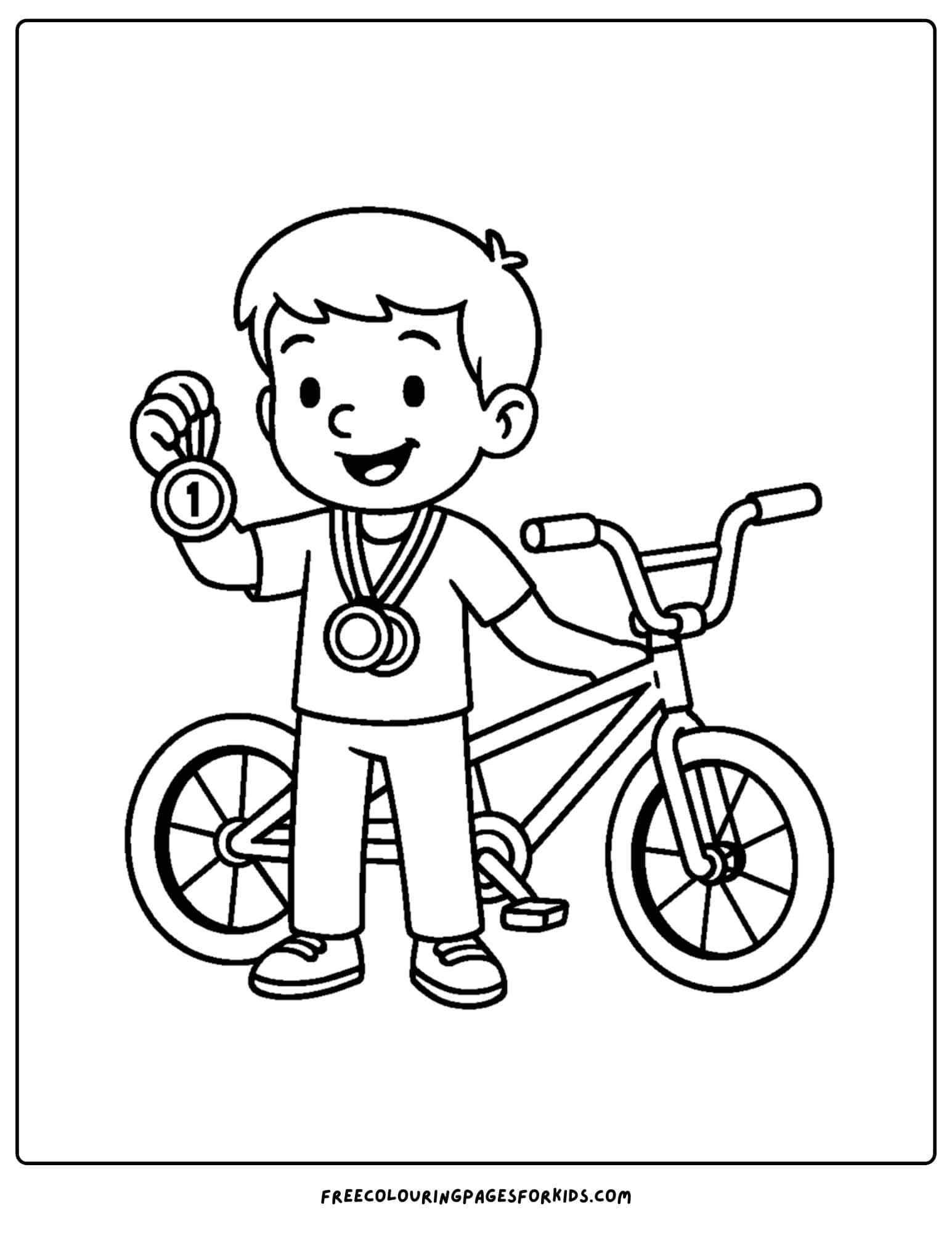 a bmx themed coloring page featuring a child showing off medals they won racing