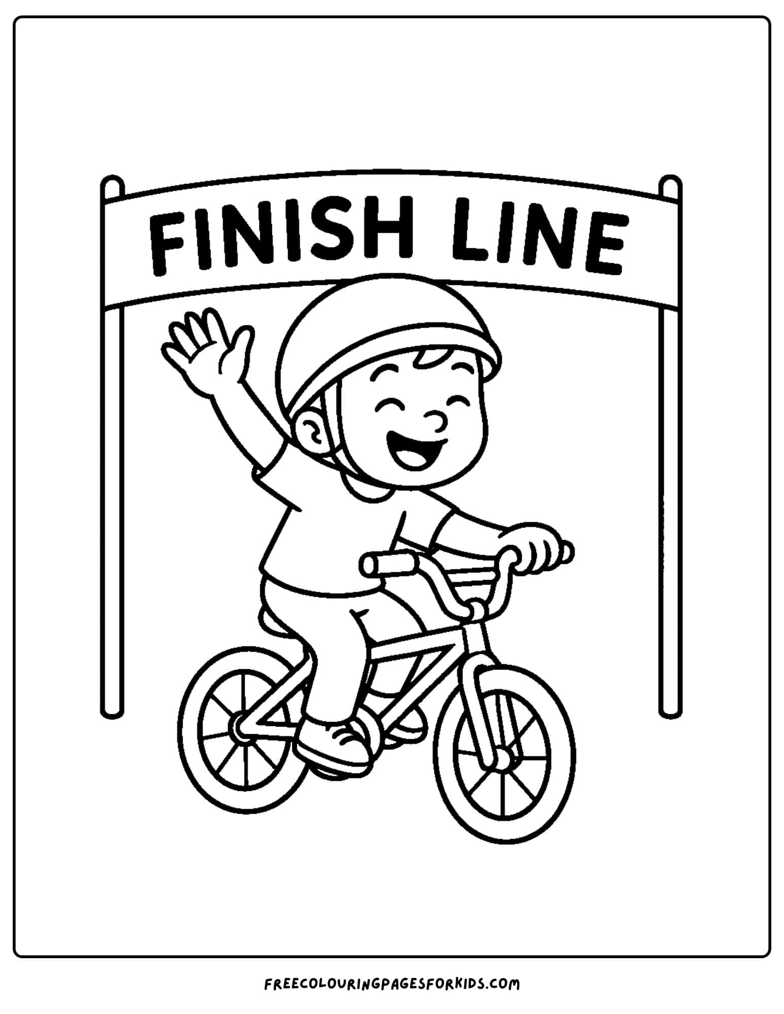 a bmx themed coloring page featuring a kid crossing a race finish line on their bike