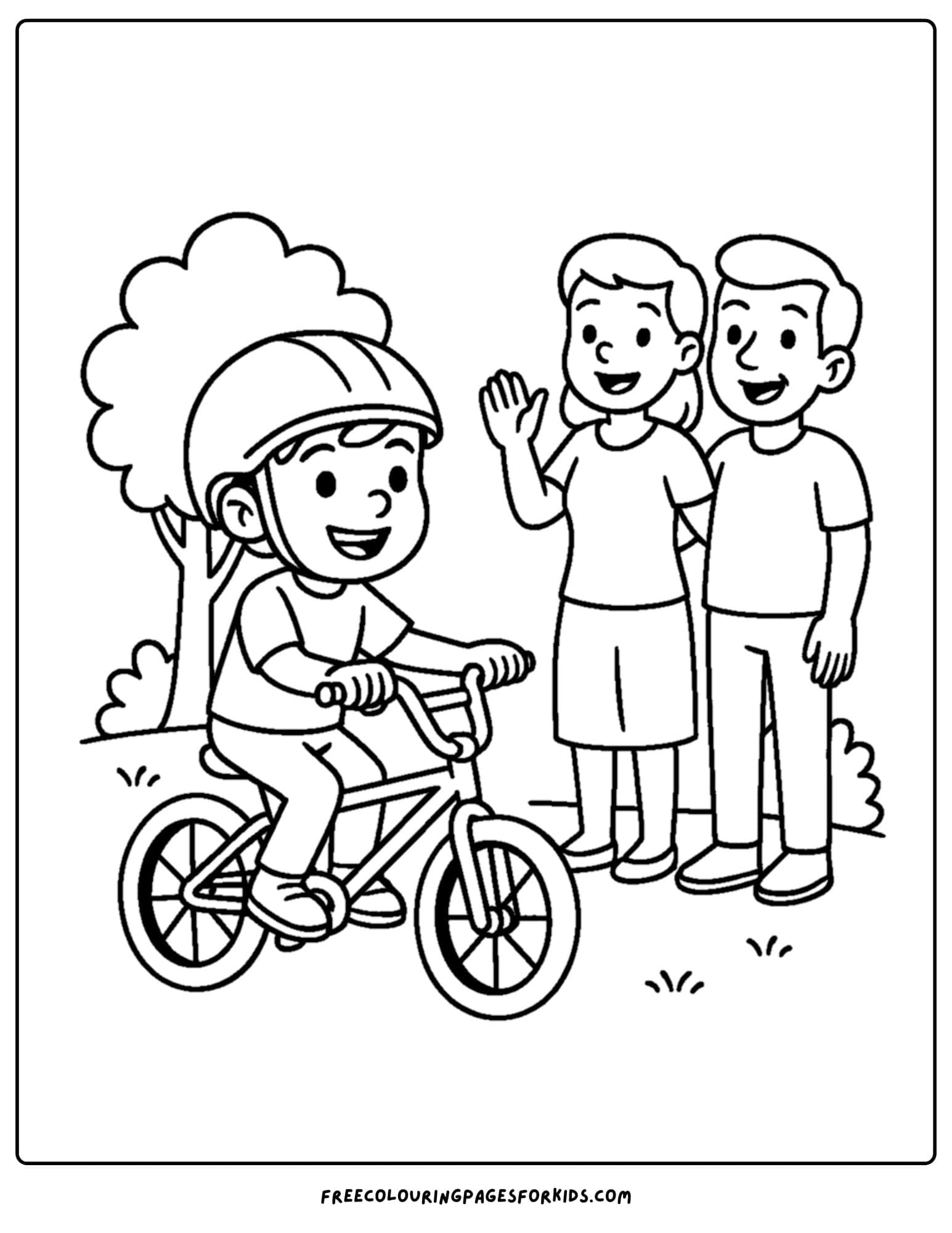 a bmx themed coloring page featuring a kid riding their bike with their family watching