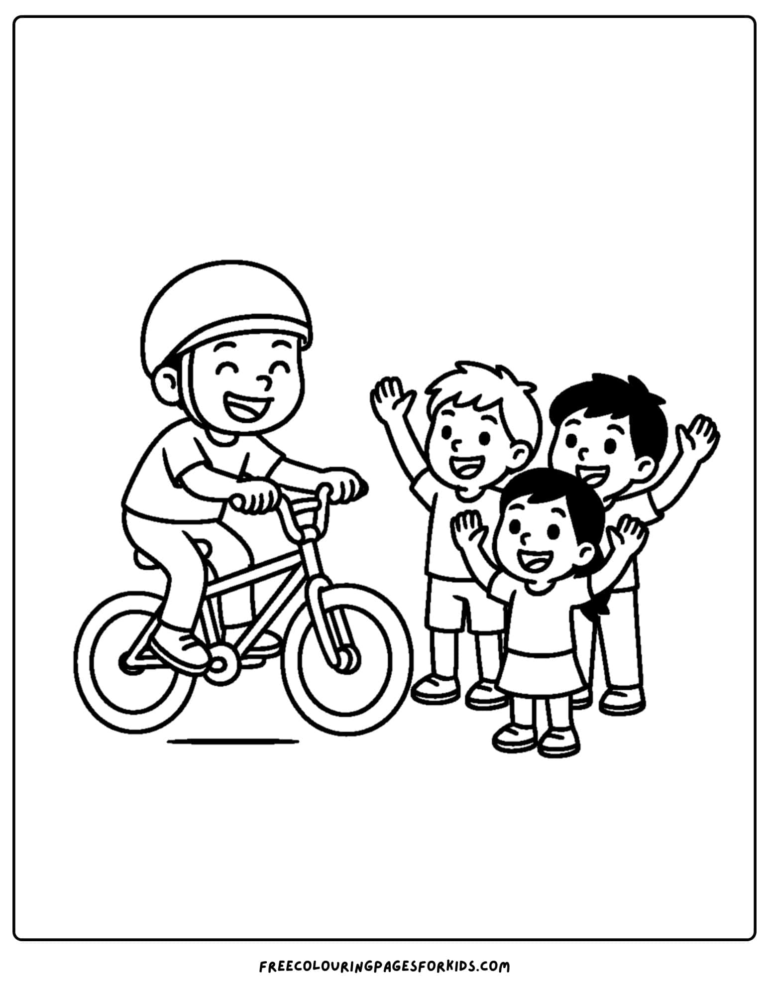 a bmx themed coloring page featuring friends cheering on a bike rider