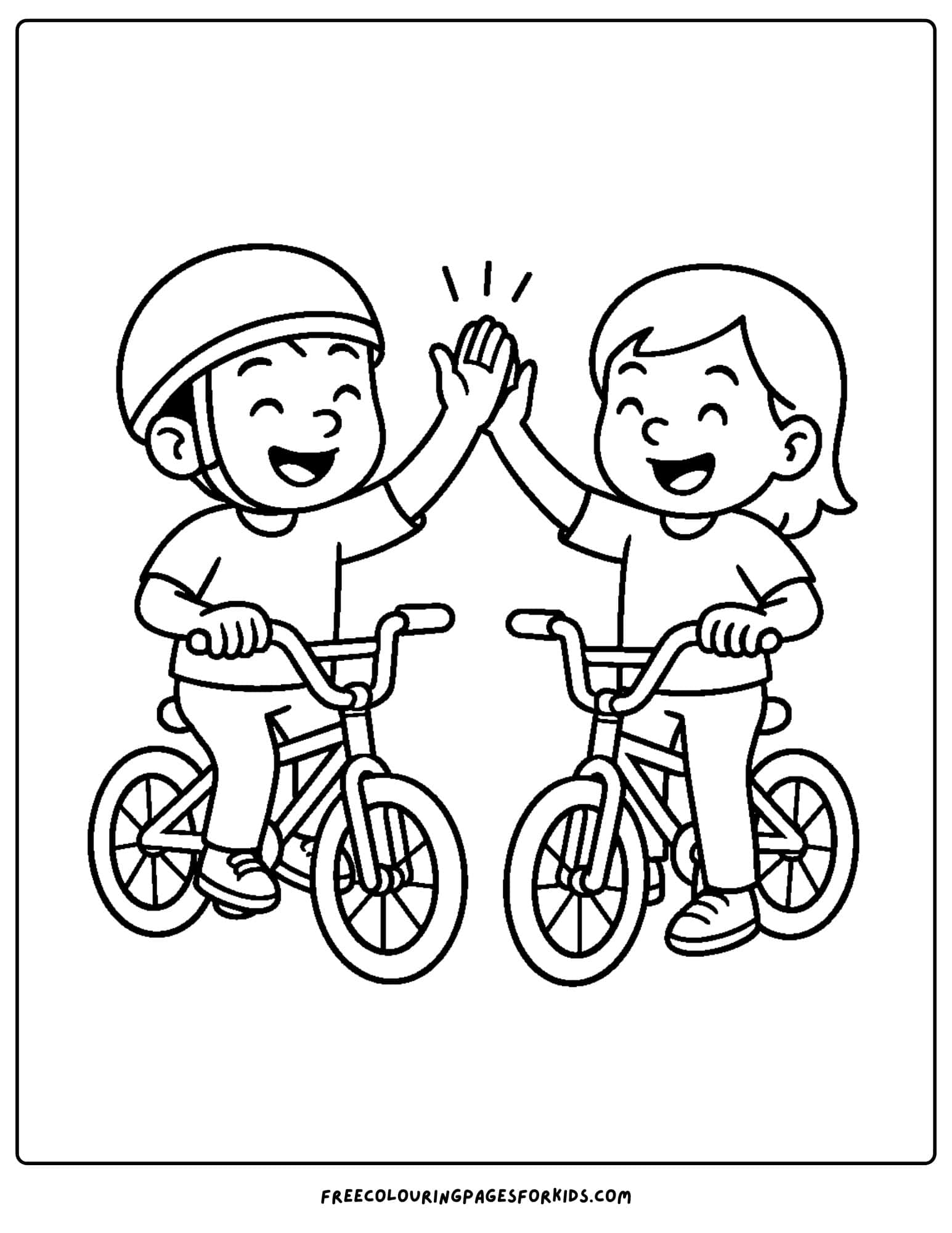 a bmx themed coloring page featuring two kids high fiving each other while on their bikes