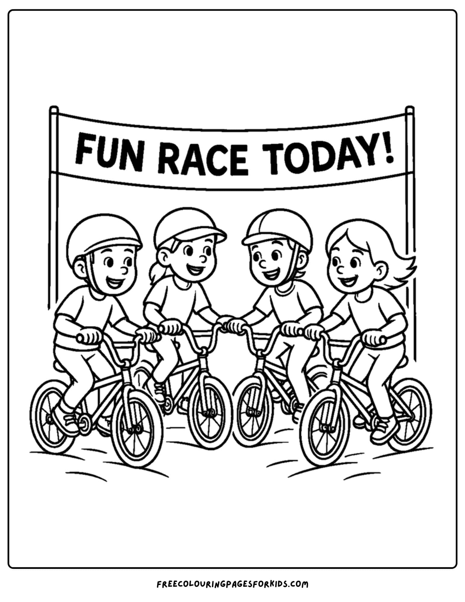 a bmx themed coloring page featuring kids assembling under a banner sign