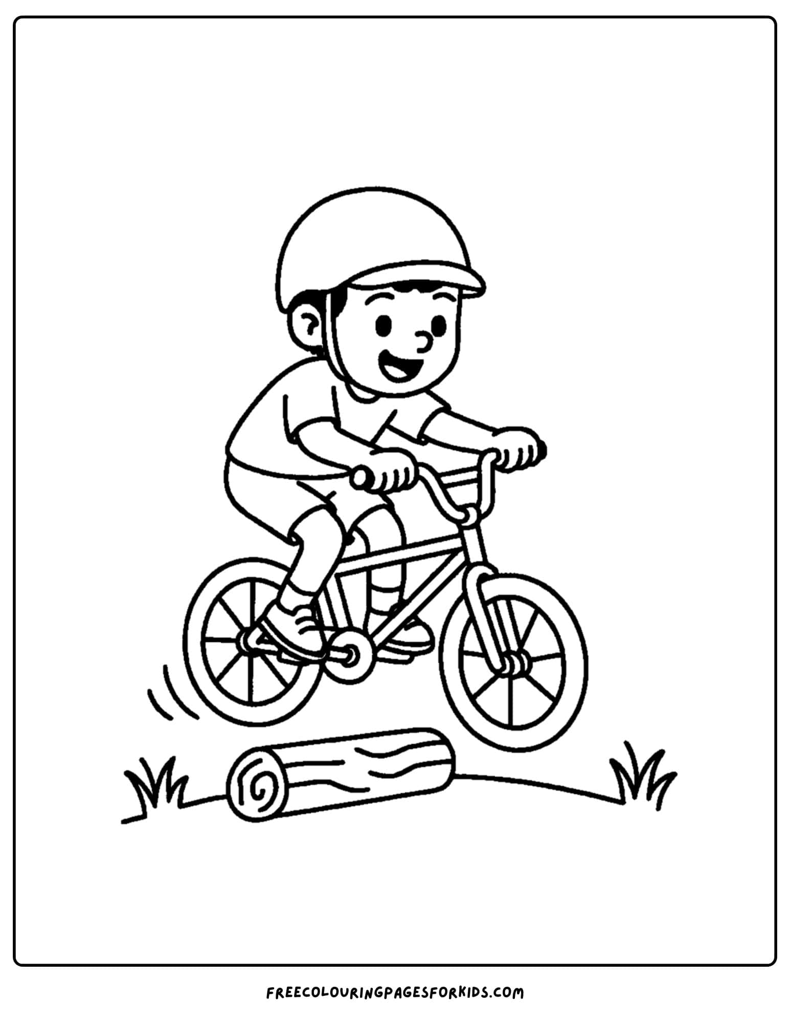 a bmx themed coloring page featuring a kid jumping their bike over a log