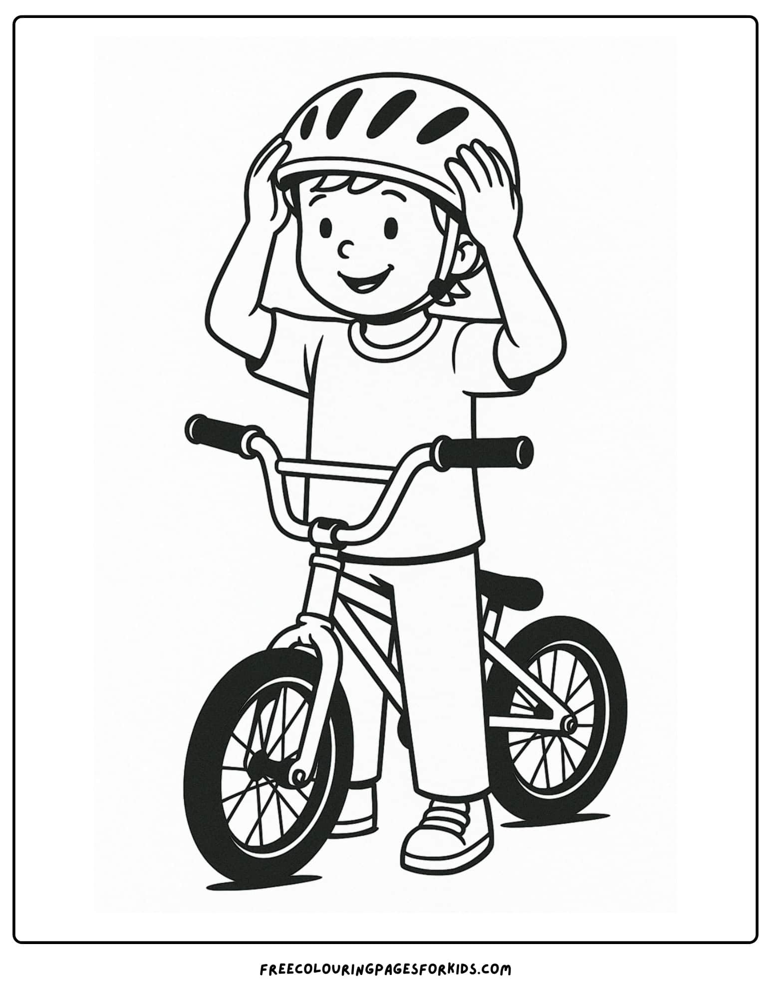 a bmx themed coloring page featuring a kid adjusting their helmet
