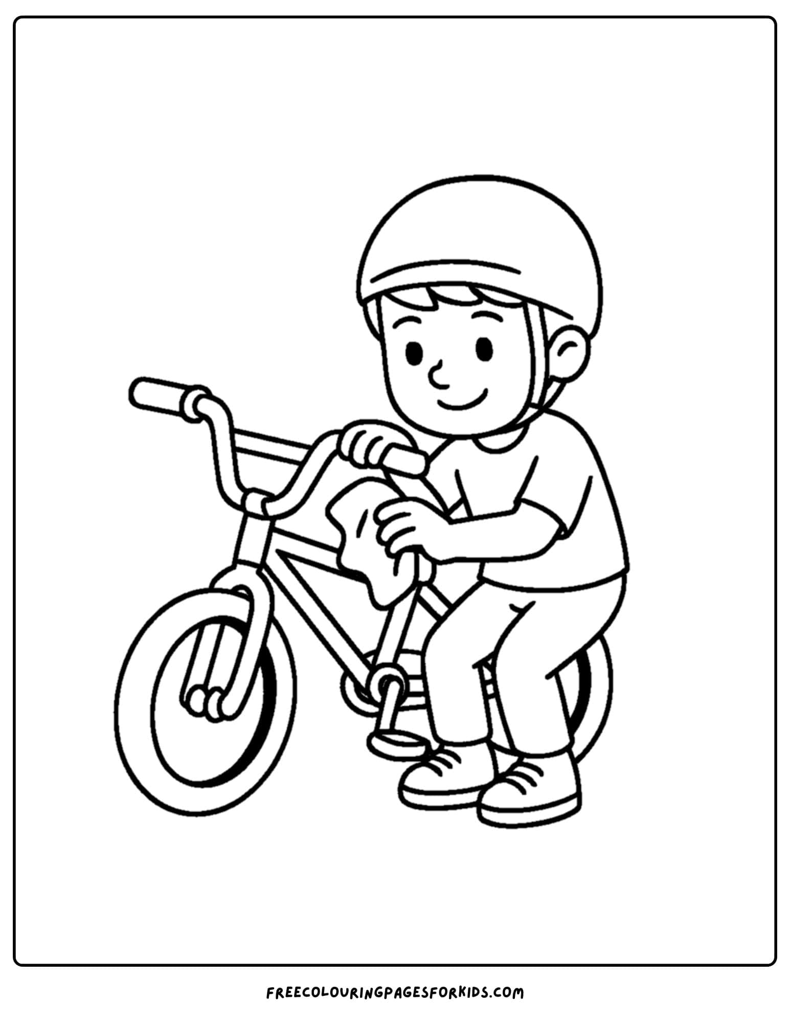 a bmx themed coloring page featuring a kid cleaning down their bike