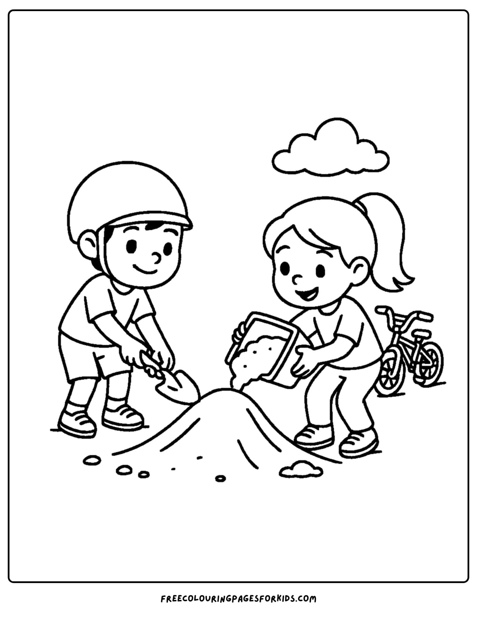 a bmx themed coloring page featuring kids making a big dirt jump