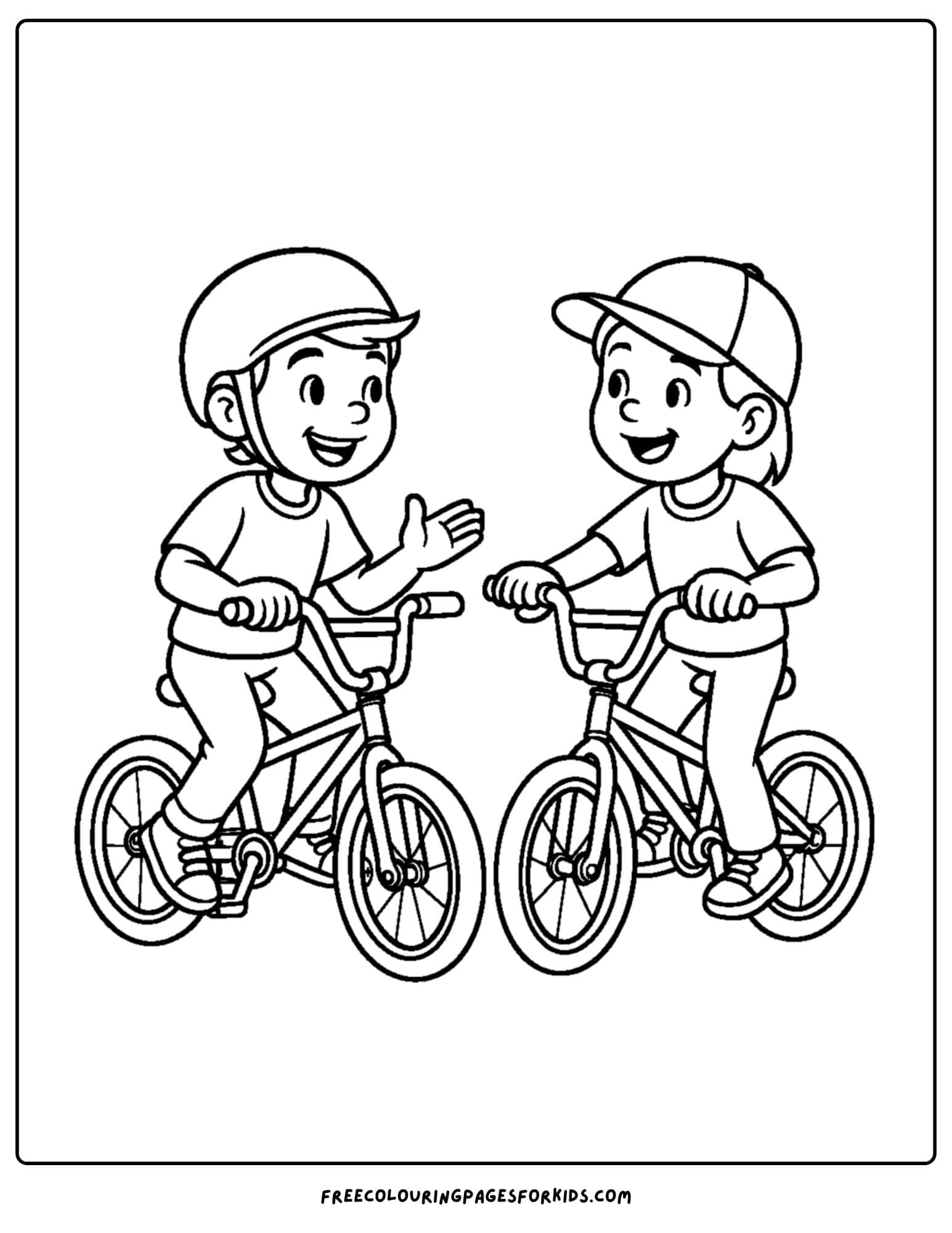 a bmx themed coloring page featuring kids talking about bikes together