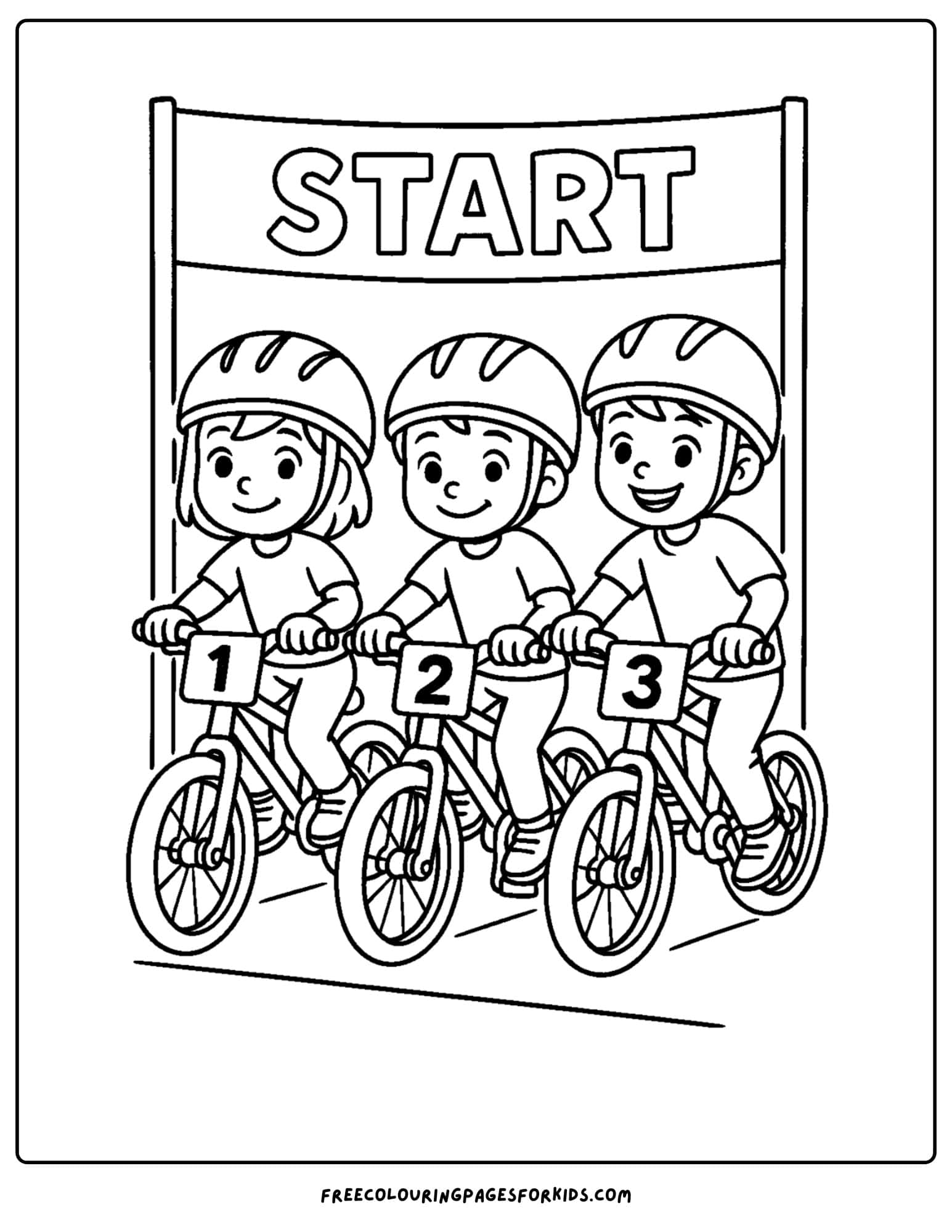 a bmx themed coloring page featuring kids lined up at a race line