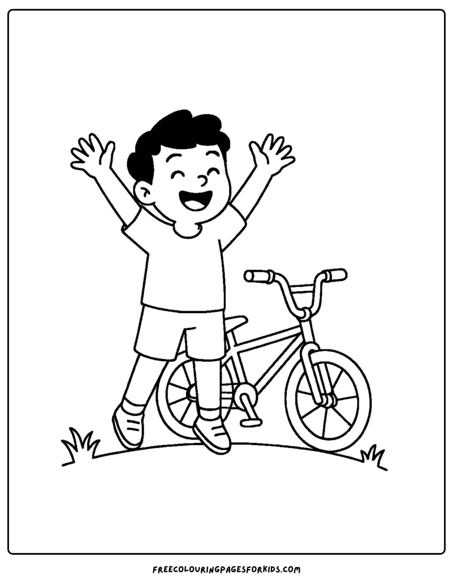 a bmx themed coloring page featuring a kid celebrating a fun bike ride