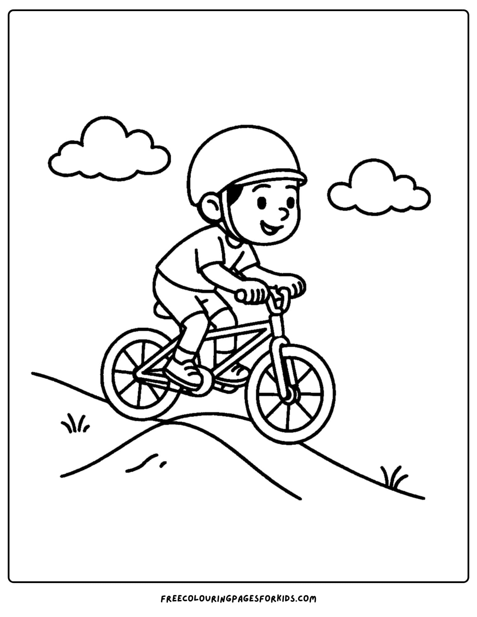 a bmx themed coloring page featuring a kid riding their bike up an down hills