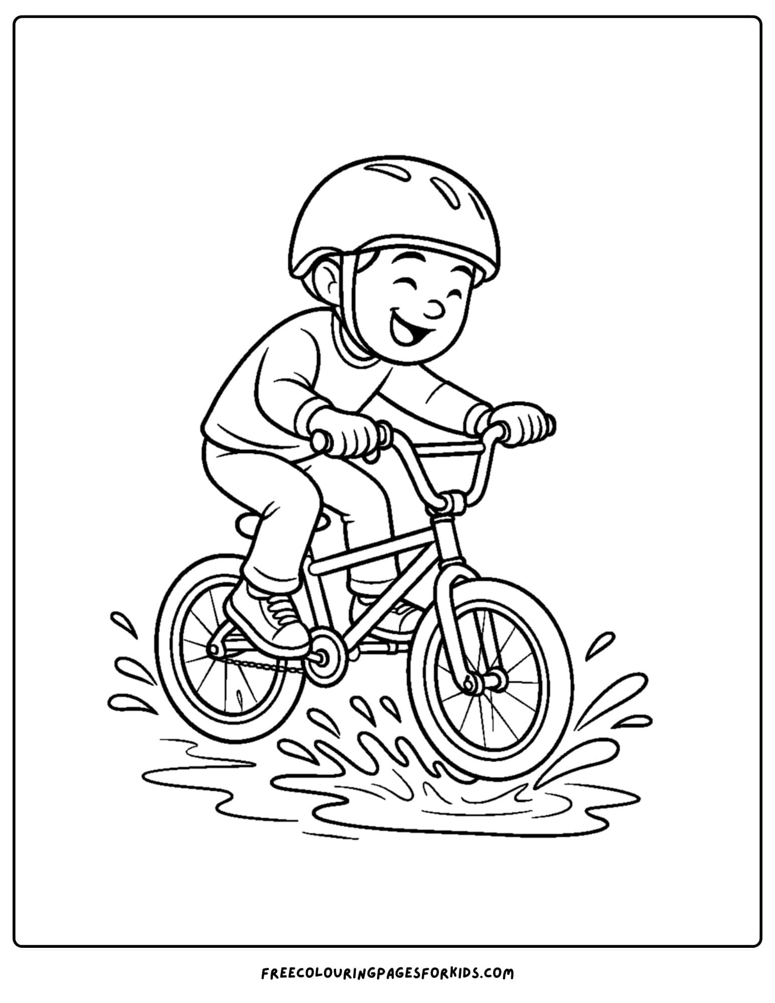 a bmx themed coloring page featuring a kid jumping their bike in puddles