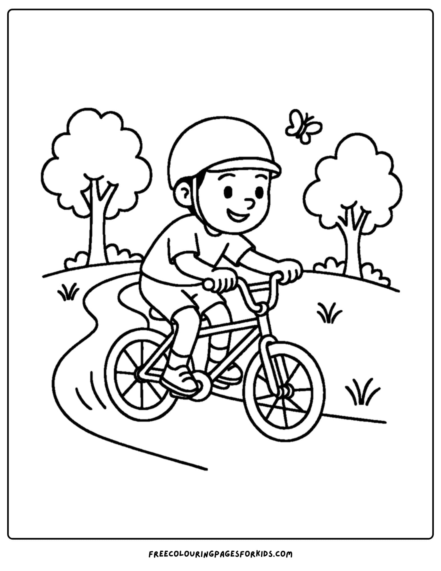 a bmx themed coloring page featuring a kid riding their bike along a park path