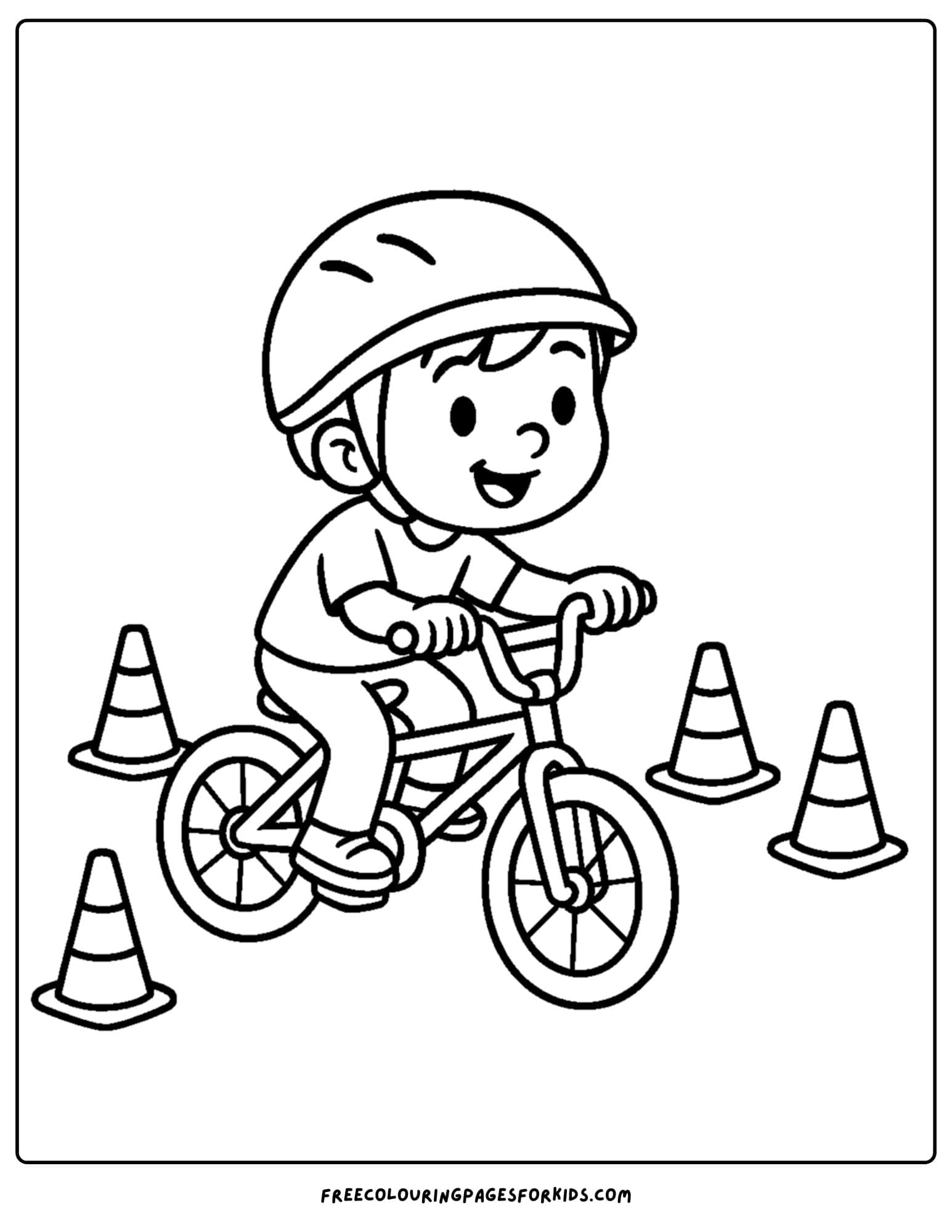 a bmx themed coloring page featuring a kid navigating his way through some cones
