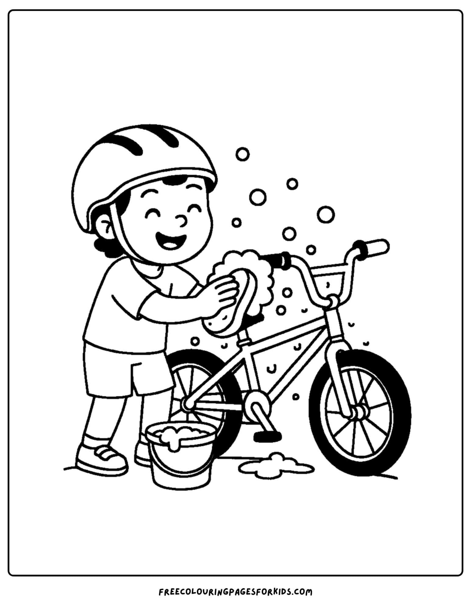 a bmx themed coloring page featuring a kid washing his bike with soapy water