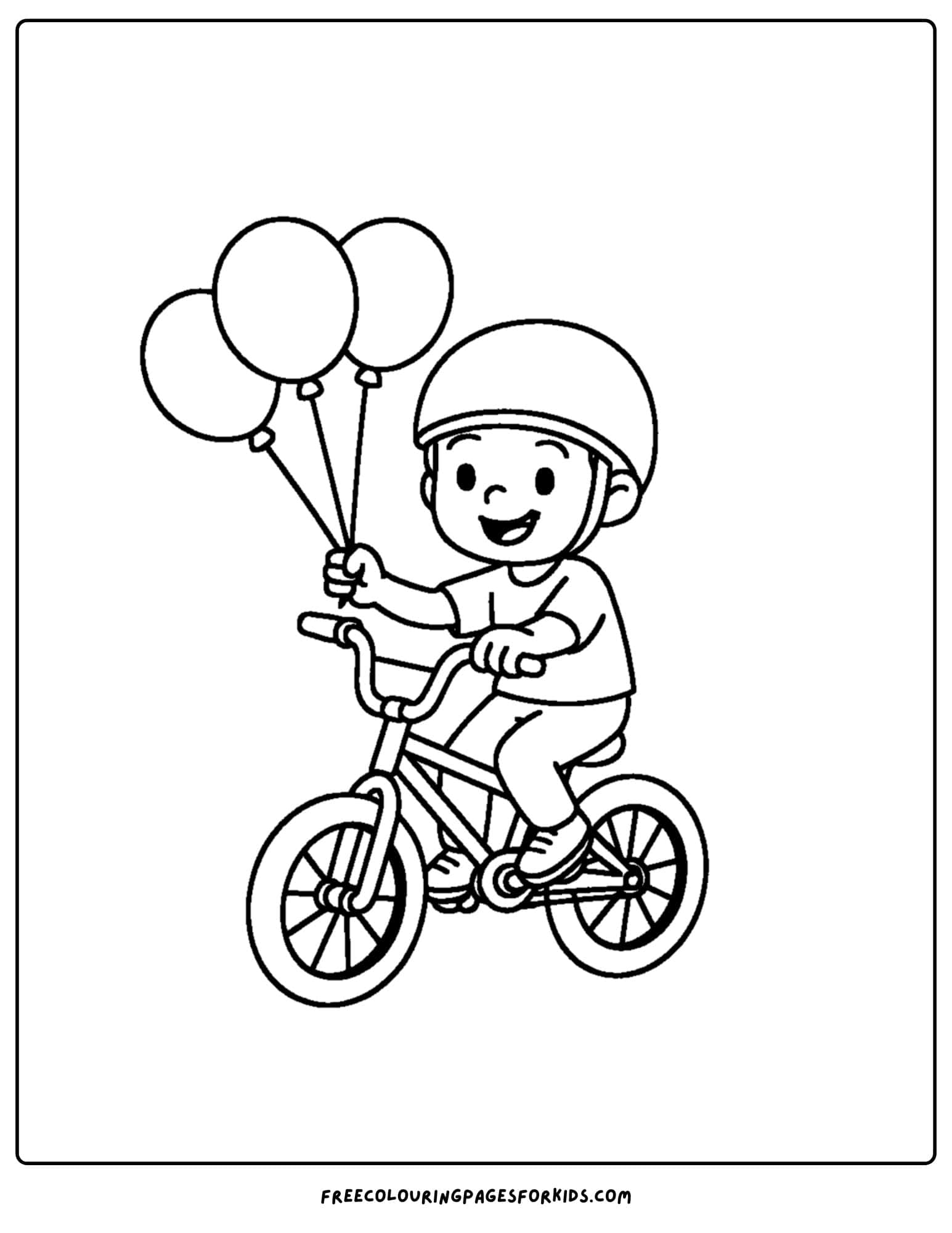 a bmx themed coloring page featuring a kid riding a bike while holding balloons in one hand
