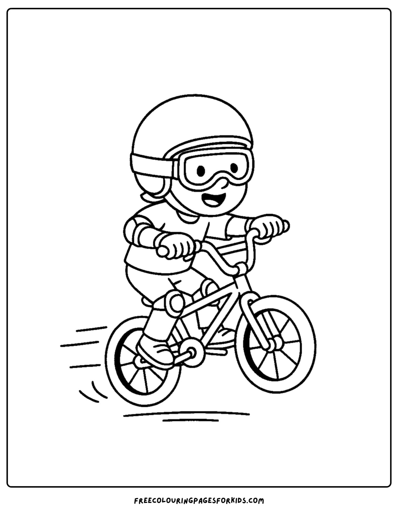 a bmx themed coloring page featuring a kid riding his bike with goggles and knee pads on