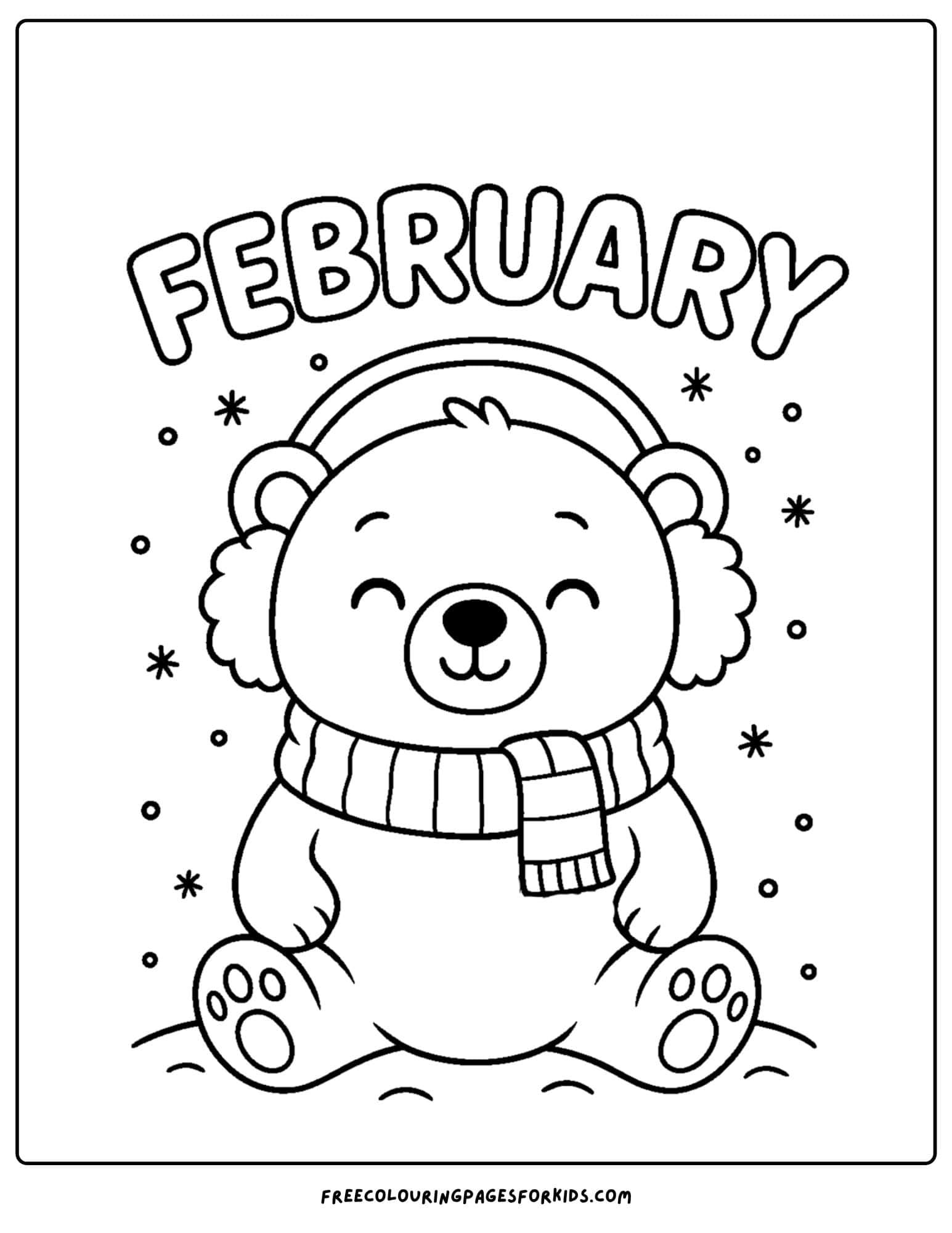 a February coloring page featuring a bear wearing earmuffs
