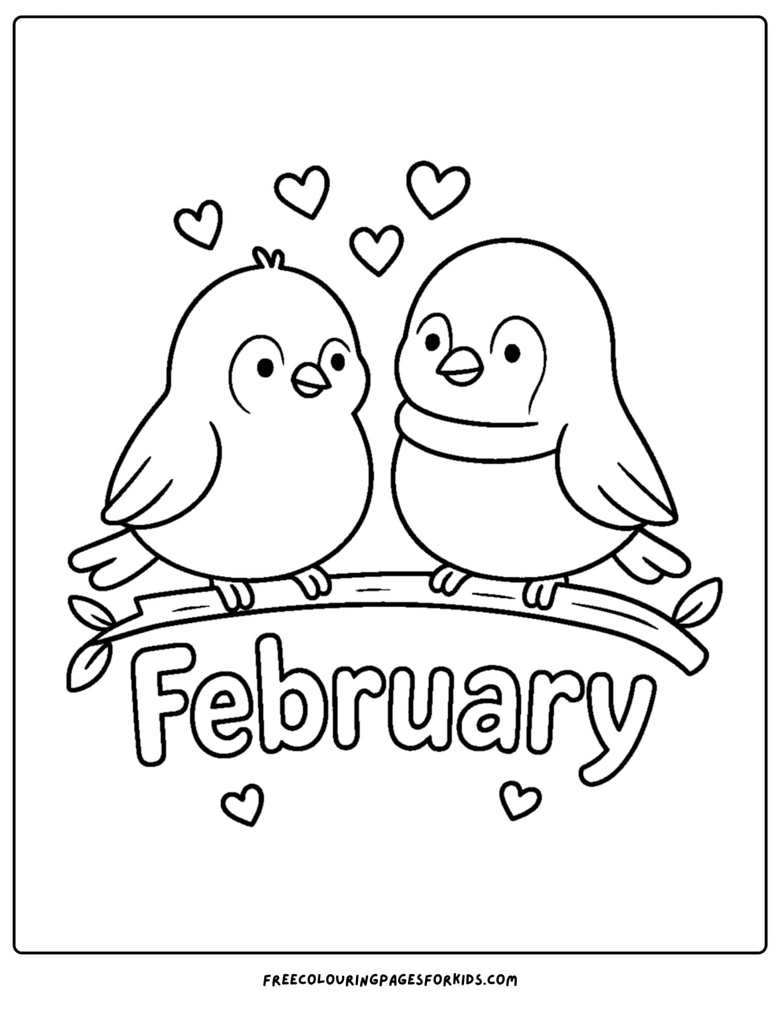 a February coloring page featuring two birds sharing a tree branch