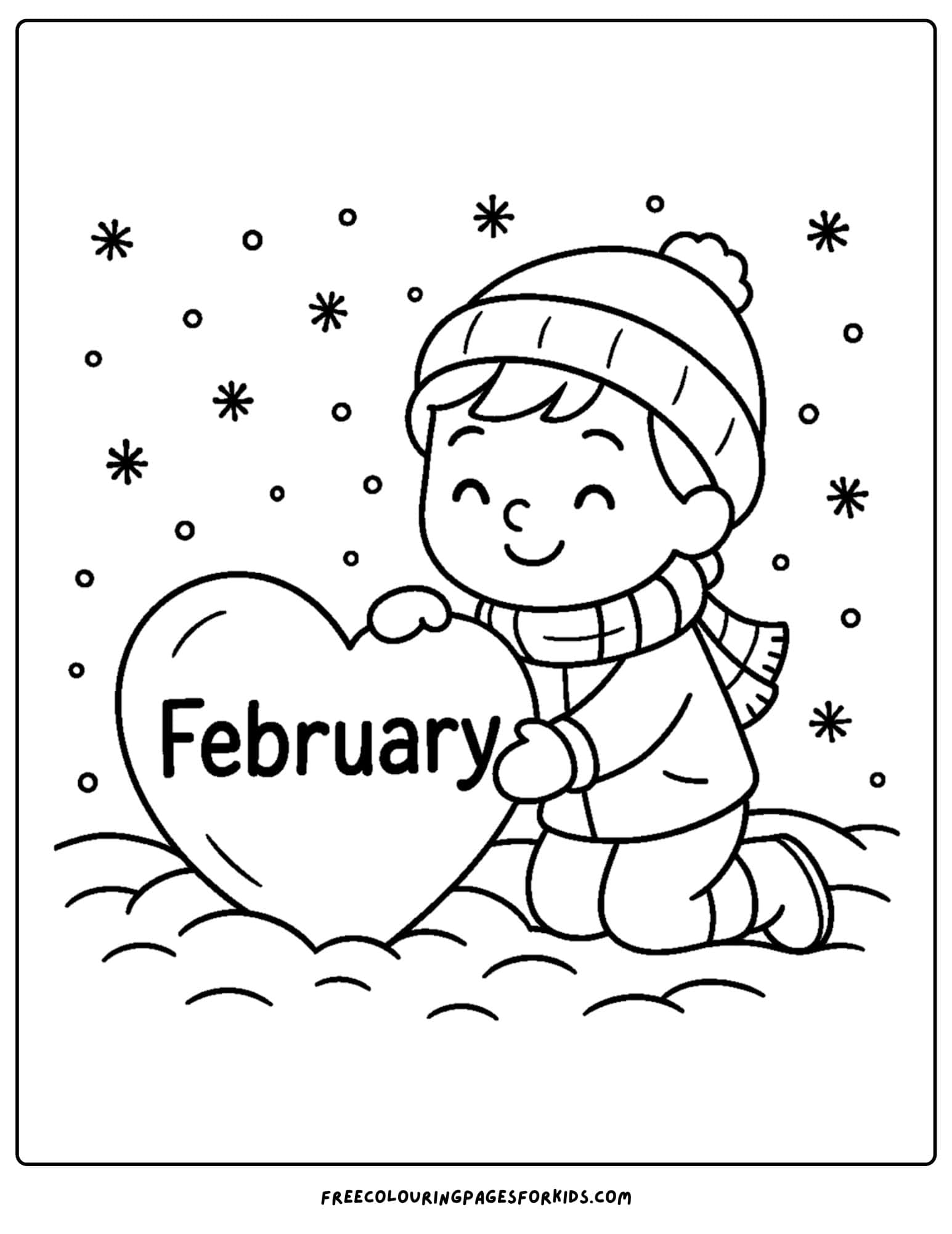 a February coloring page featuring a child building a snow heart