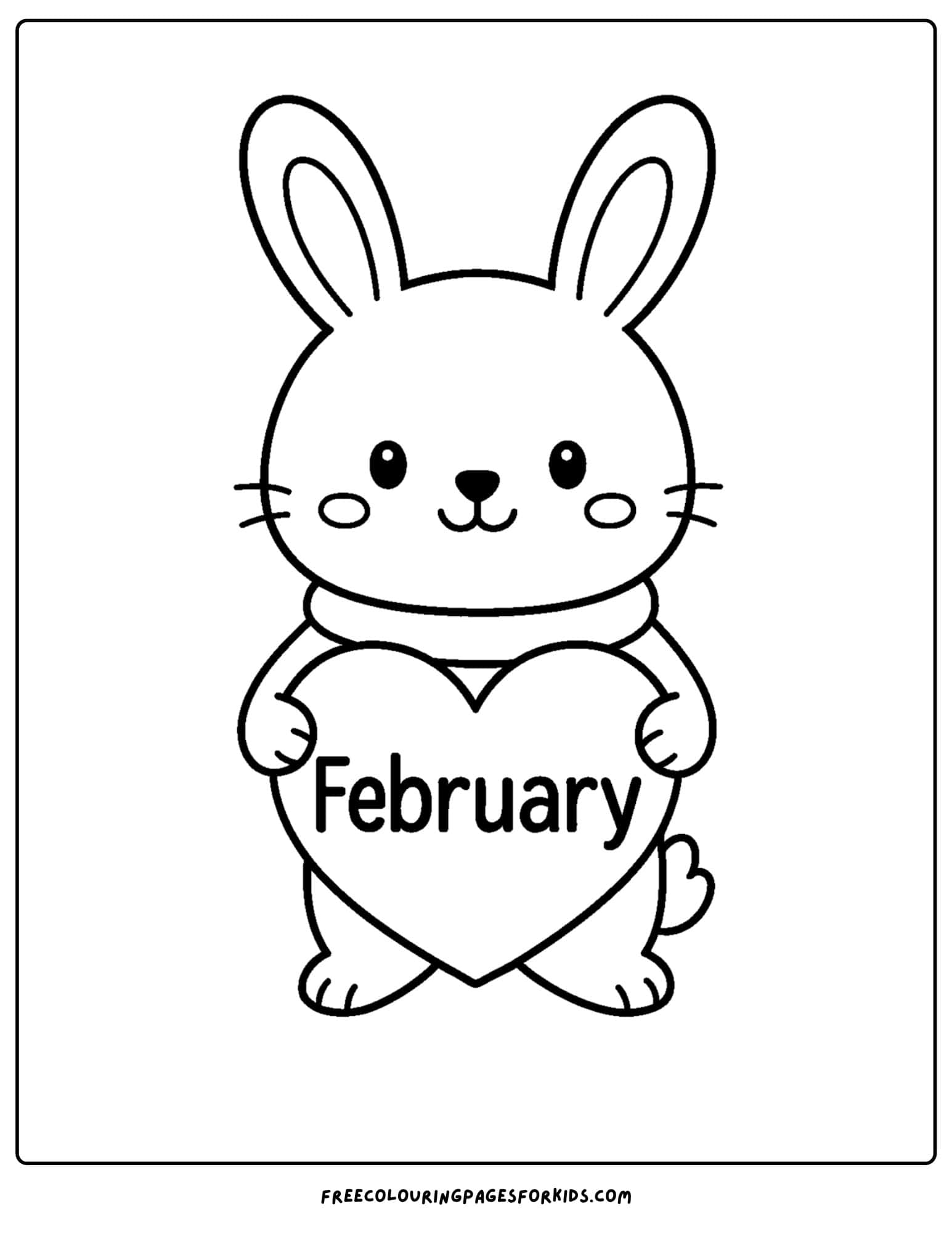 a February coloring page featuring a bunny holding a heart